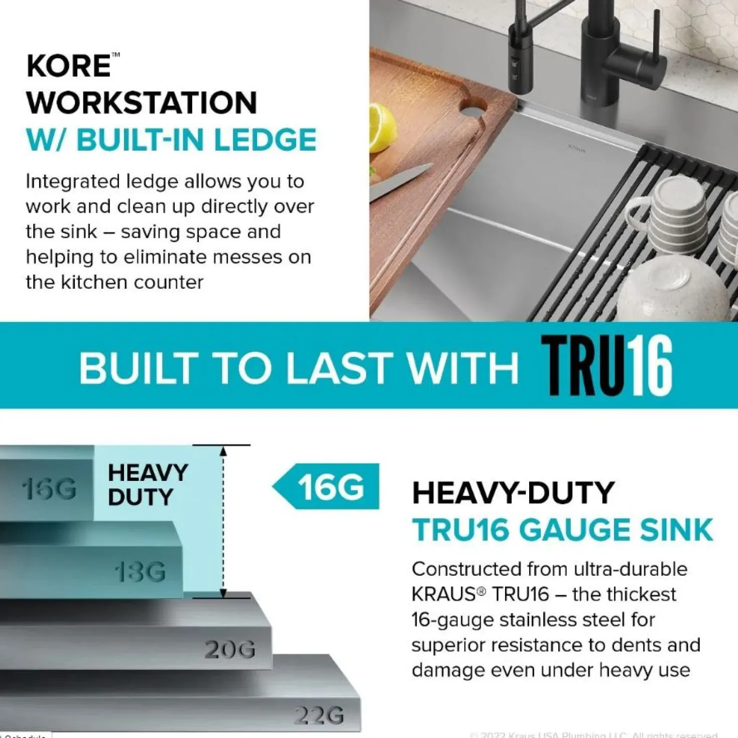 KRAUS Kore 33" Drop-In Single Bowl 16 Gauge Workstation Sink