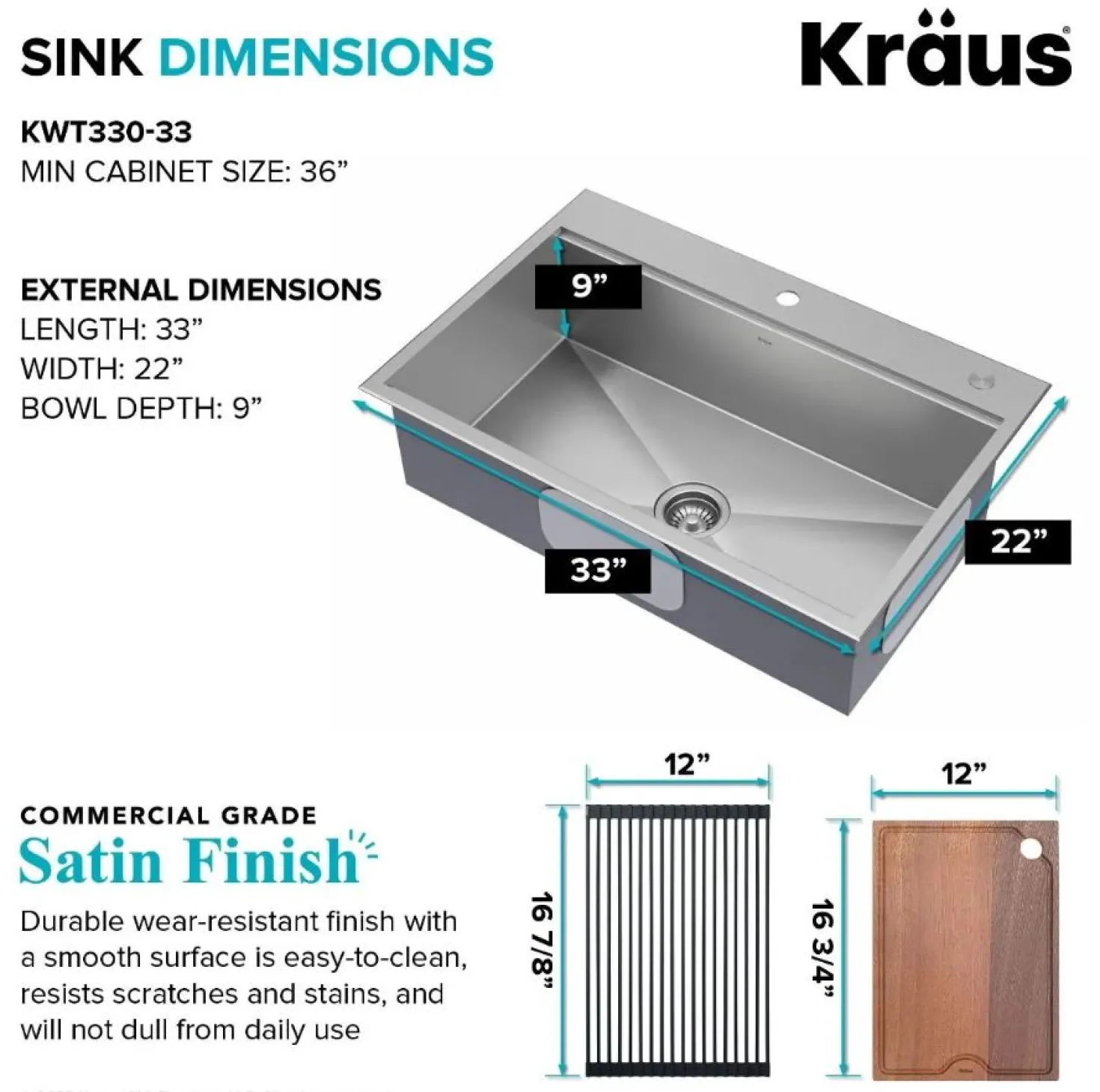 KRAUS Kore 33" Drop-In Single Bowl 16 Gauge Workstation Sink