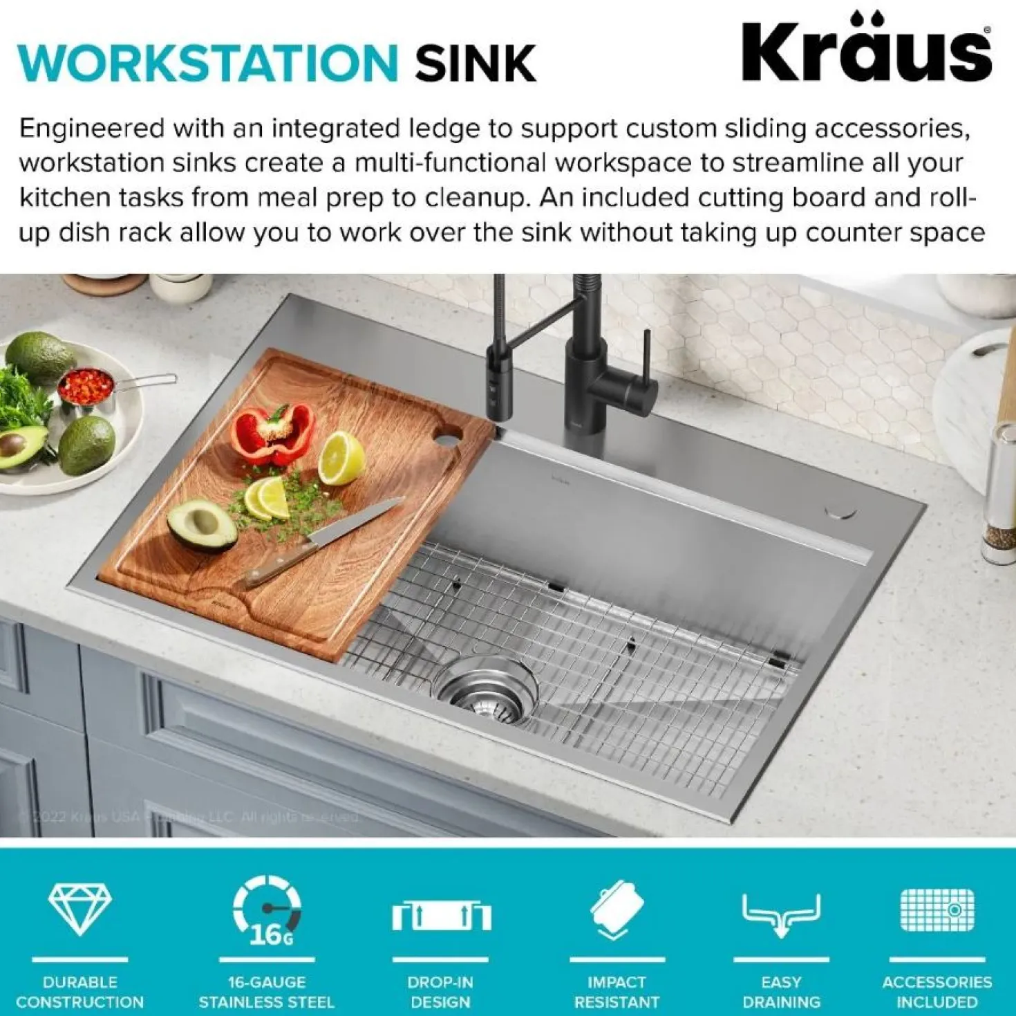 KRAUS Kore 33" Drop-In Single Bowl 16 Gauge Workstation Sink