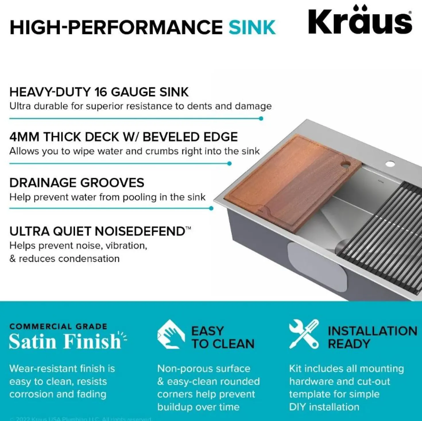 KRAUS Kore 33" Drop-In Single Bowl 16 Gauge Workstation Sink