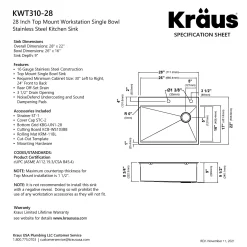 KRAUS Kore 28" Drop-In Workstation 16 Gauge Stainless Steel Single Bowl Kitchen Sink with Accessories
