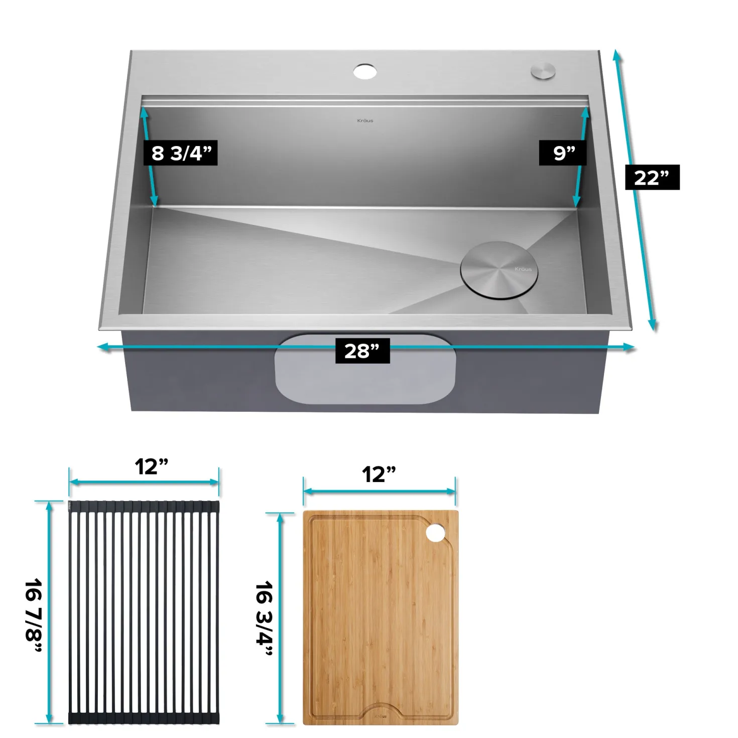 KRAUS Kore 28" Drop-In Workstation 16 Gauge Stainless Steel Single Bowl Kitchen Sink with Accessories