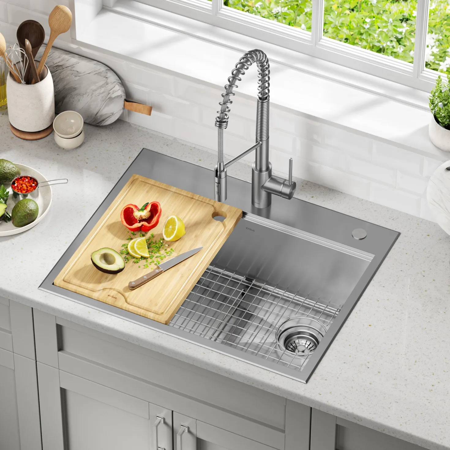 KRAUS Kore 28" Drop-In Workstation 16 Gauge Stainless Steel Single Bowl Kitchen Sink with Accessories