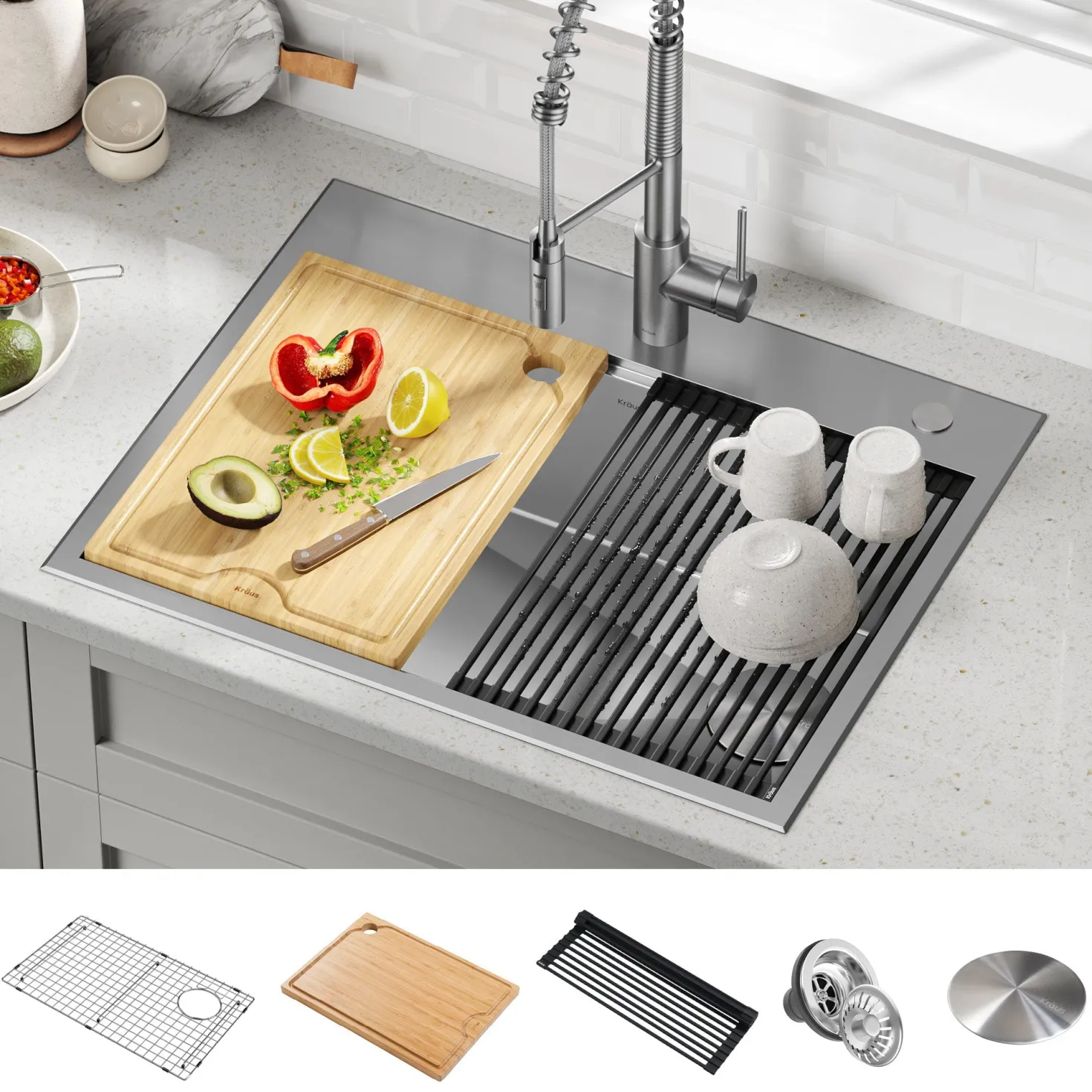 KRAUS Kore 28" Drop-In Workstation 16 Gauge Stainless Steel Single Bowl Kitchen Sink with Accessories