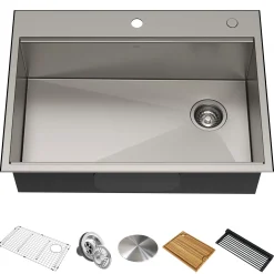 KRAUS Kore 30" Drop-In Workstation 16 Gauge Stainless Steel Single Bowl Kitchen Sink with Accessories