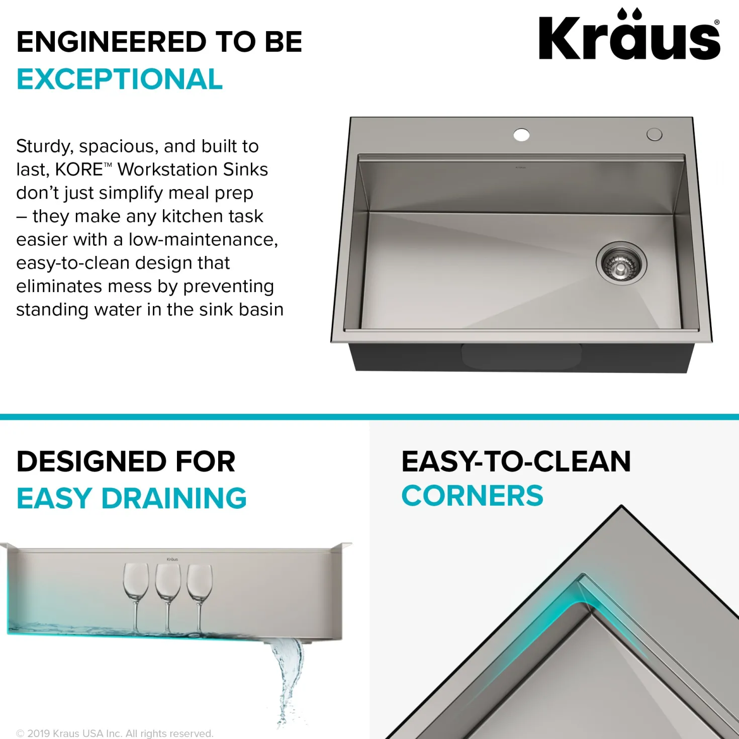 KRAUS Kore 30" Drop-In Workstation 16 Gauge Stainless Steel Single Bowl Kitchen Sink with Accessories