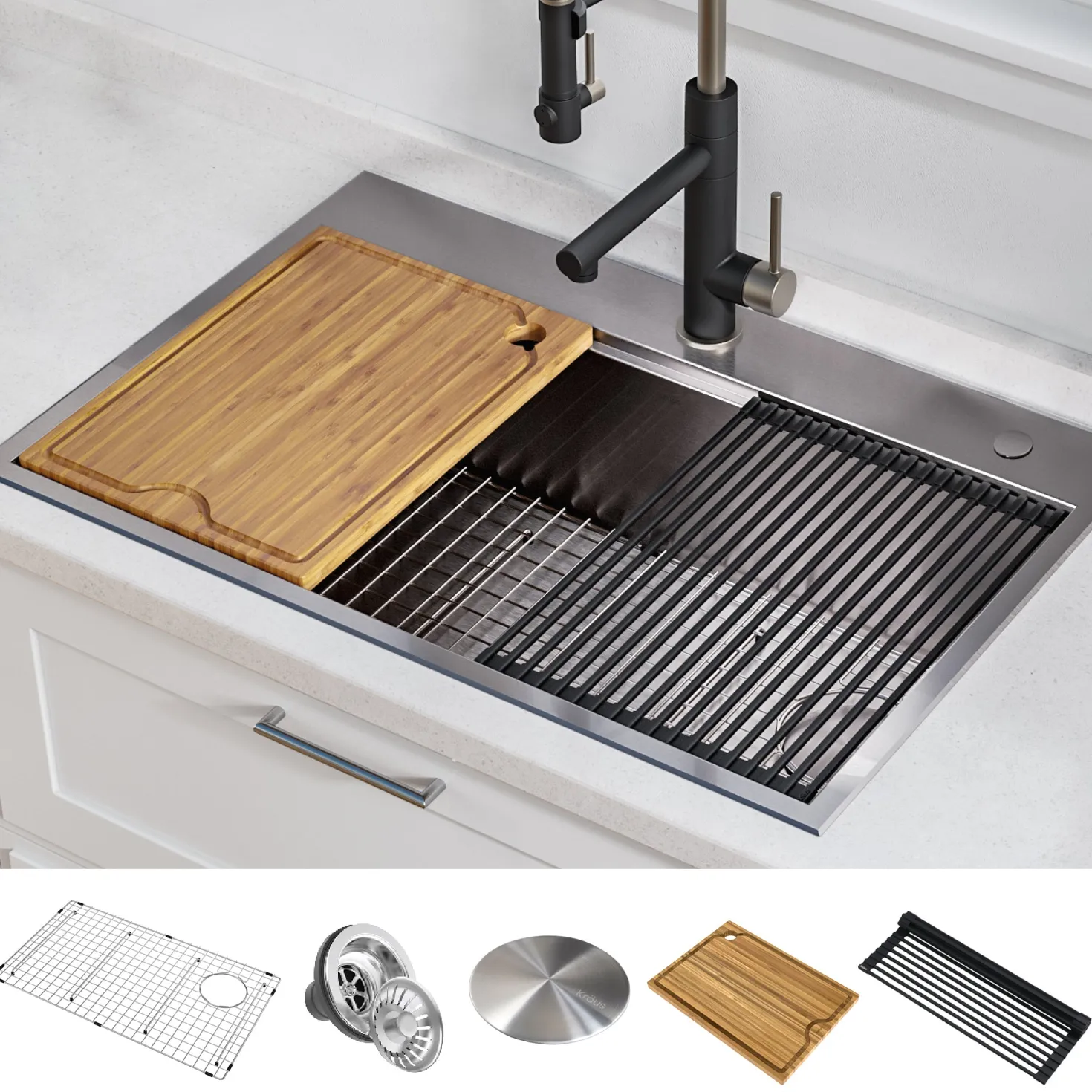 KRAUS Kore 30" Drop-In Workstation 16 Gauge Stainless Steel Single Bowl Kitchen Sink with Accessories