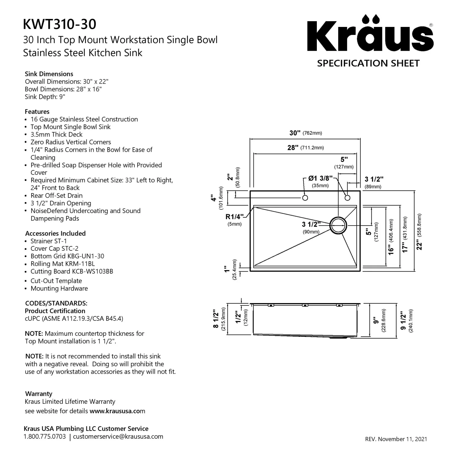 KRAUS Kore 30" Drop-In Workstation 16 Gauge Stainless Steel Single Bowl Kitchen Sink with Accessories