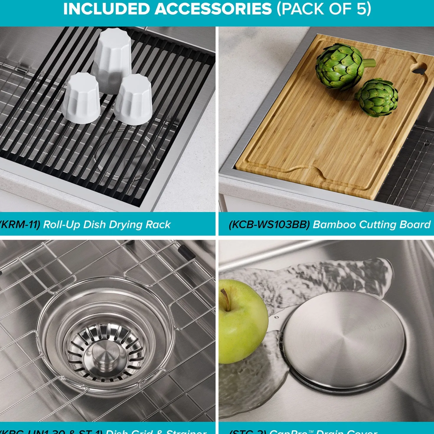KRAUS Kore 30" Drop-In Workstation 16 Gauge Stainless Steel Single Bowl Kitchen Sink with Accessories