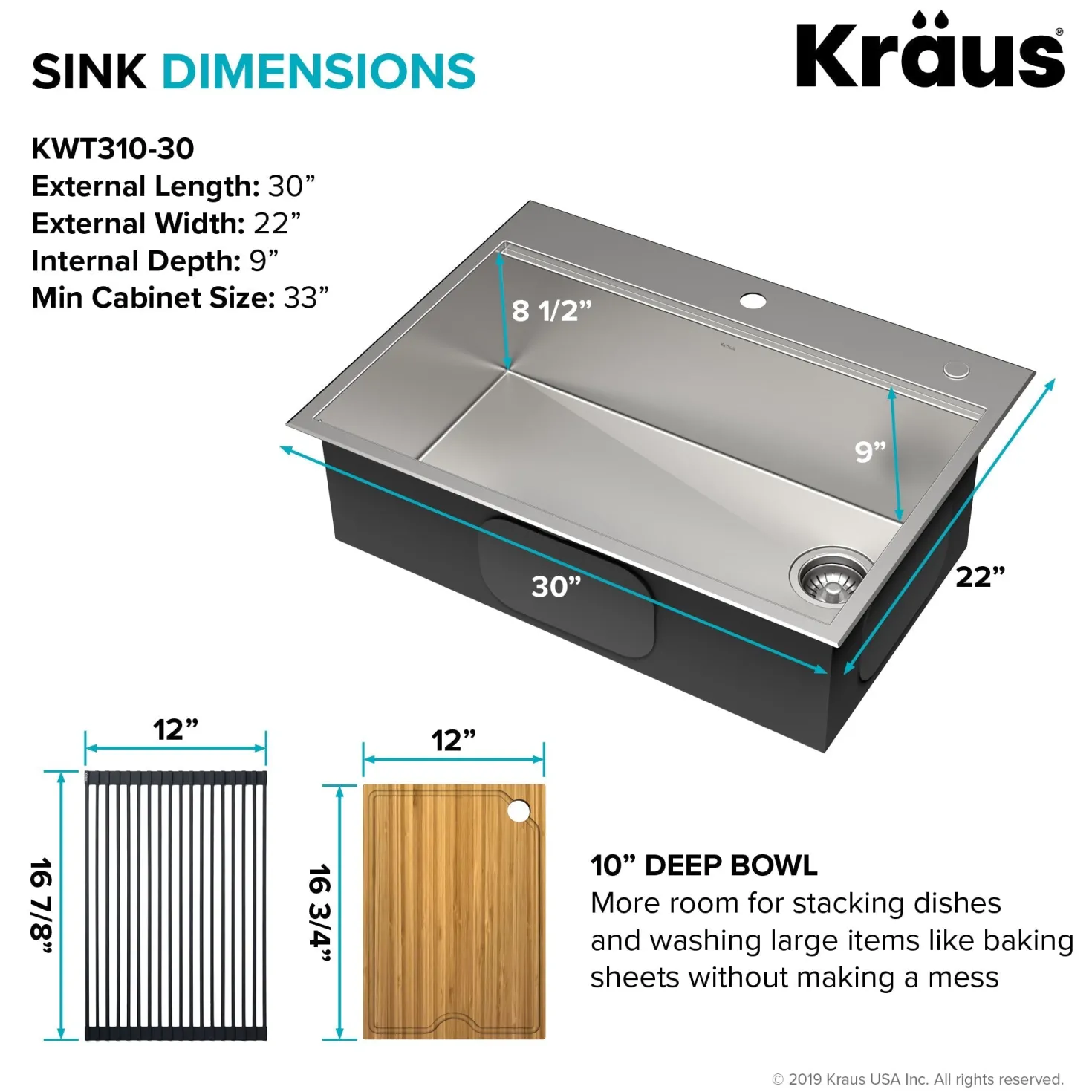 KRAUS Kore 30" Drop-In Workstation 16 Gauge Stainless Steel Single Bowl Kitchen Sink with Accessories