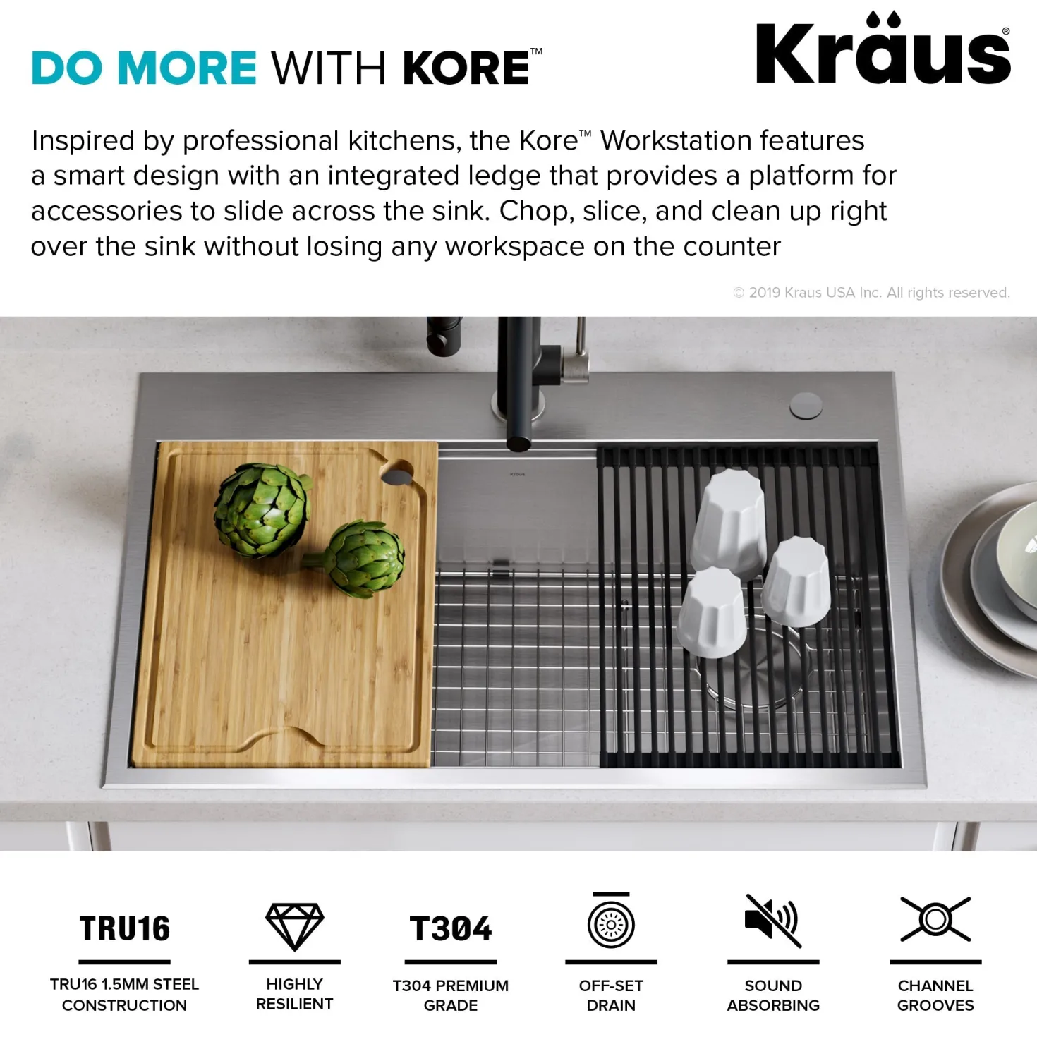 KRAUS Kore 30" Drop-In Workstation 16 Gauge Stainless Steel Single Bowl Kitchen Sink with Accessories