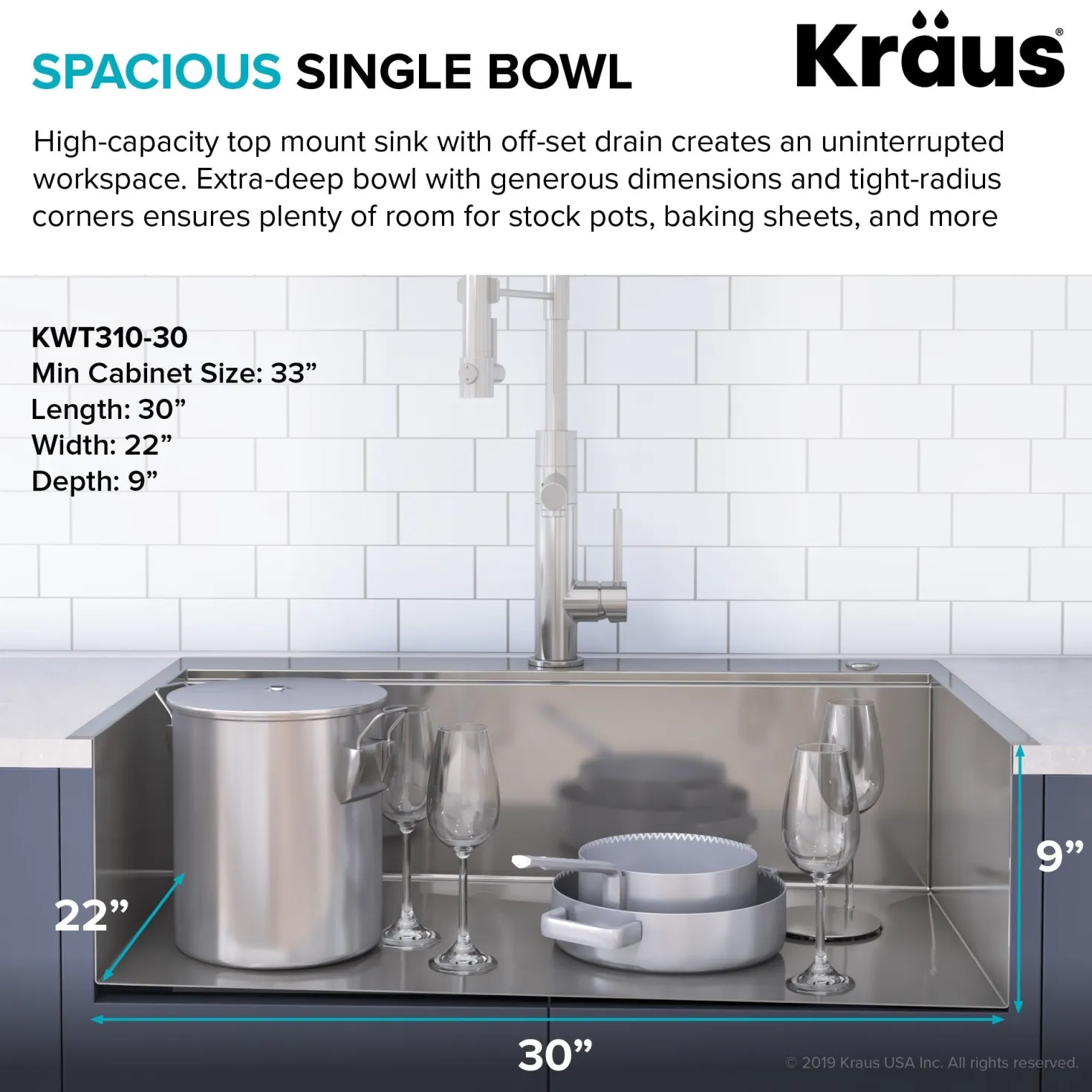 KRAUS Kore 30" Drop-In Workstation 16 Gauge Stainless Steel Single Bowl Kitchen Sink with Accessories
