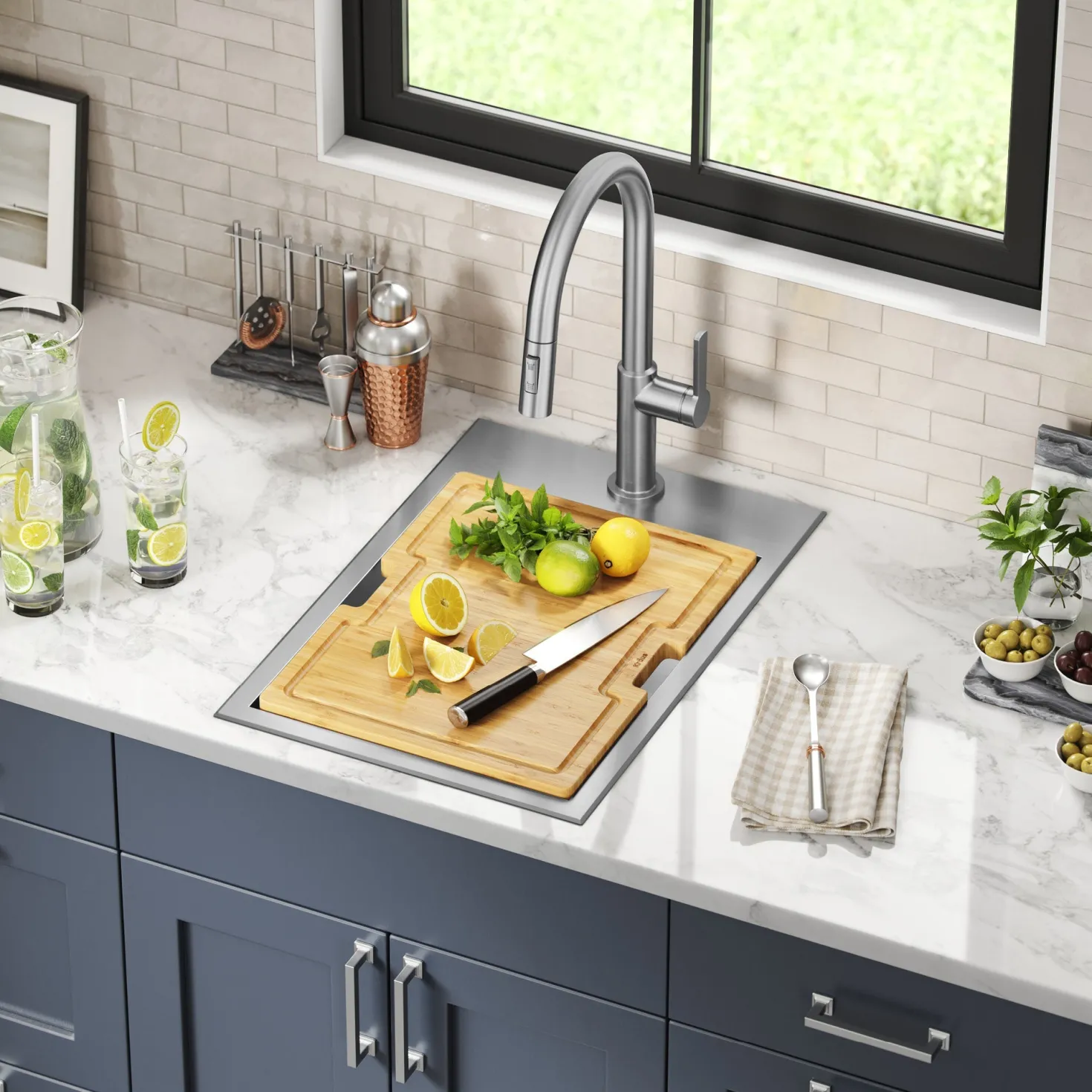 KRAUS Kore 15" Drop-In Workstation 16 Gauge Stainless Steel Single Bowl Kitchen Bar Sink with Accessories