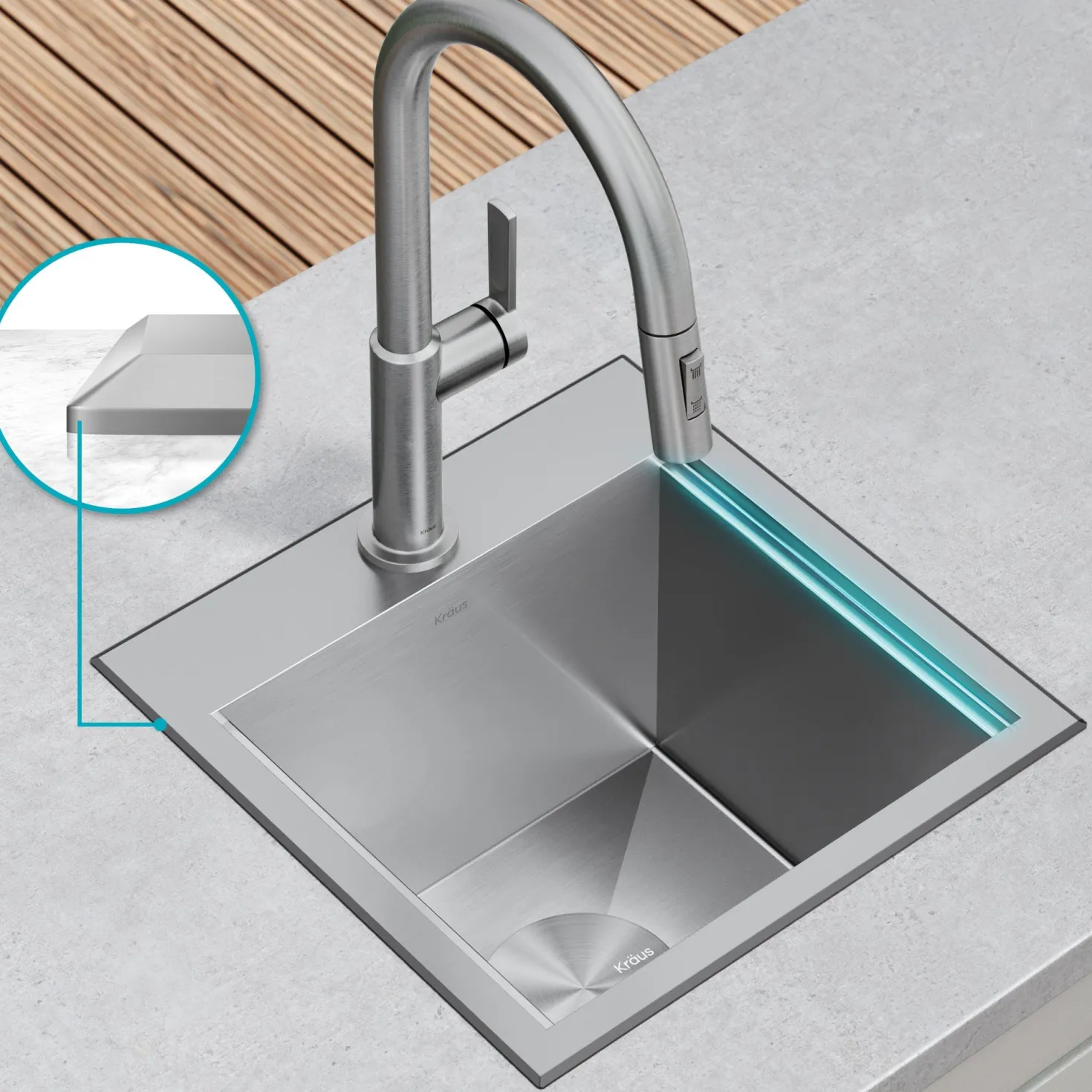KRAUS Kore 15" Drop-In Workstation 16 Gauge Stainless Steel Square Prep Sink with Accessories