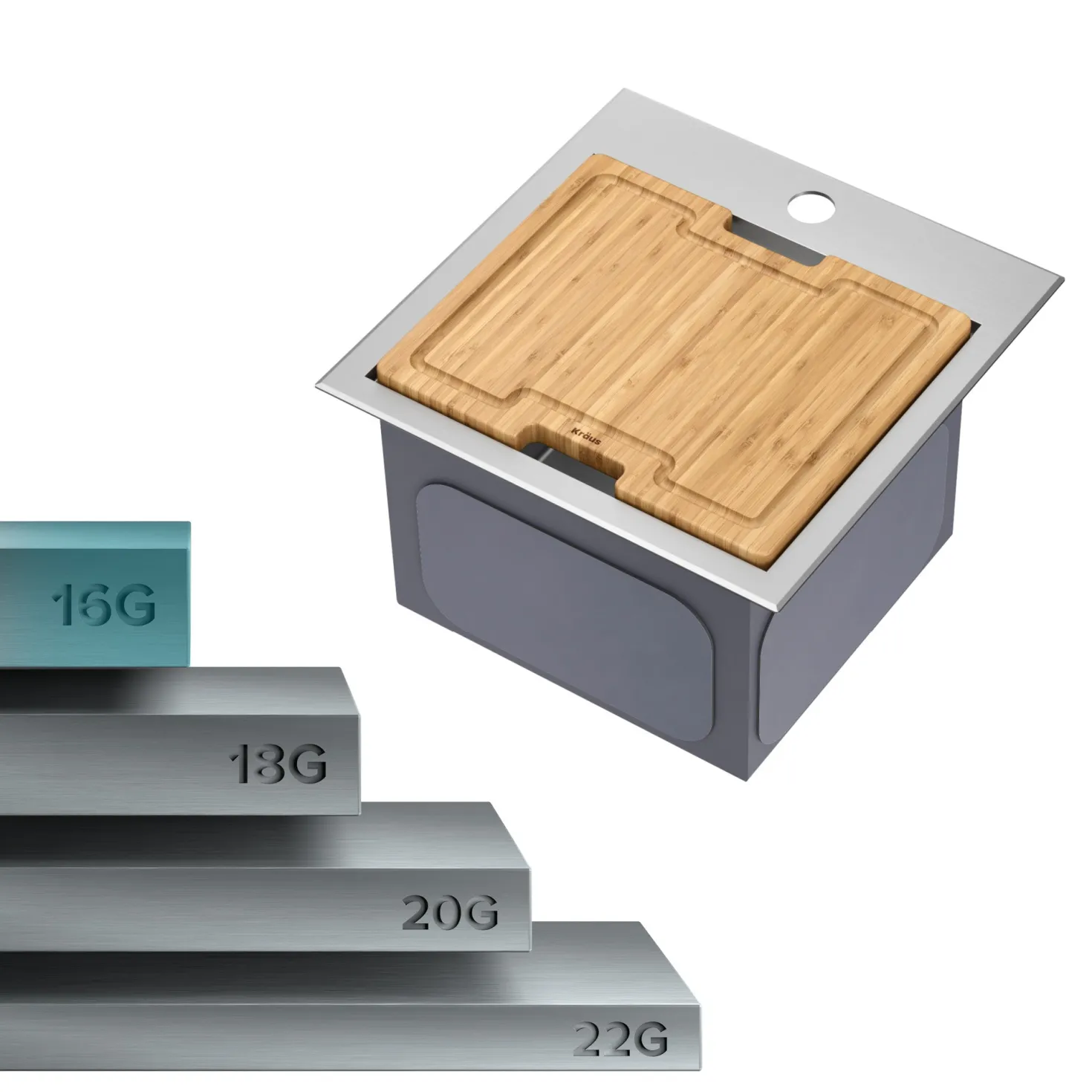 KRAUS Kore 15" Drop-In Workstation 16 Gauge Stainless Steel Square Prep Sink with Accessories