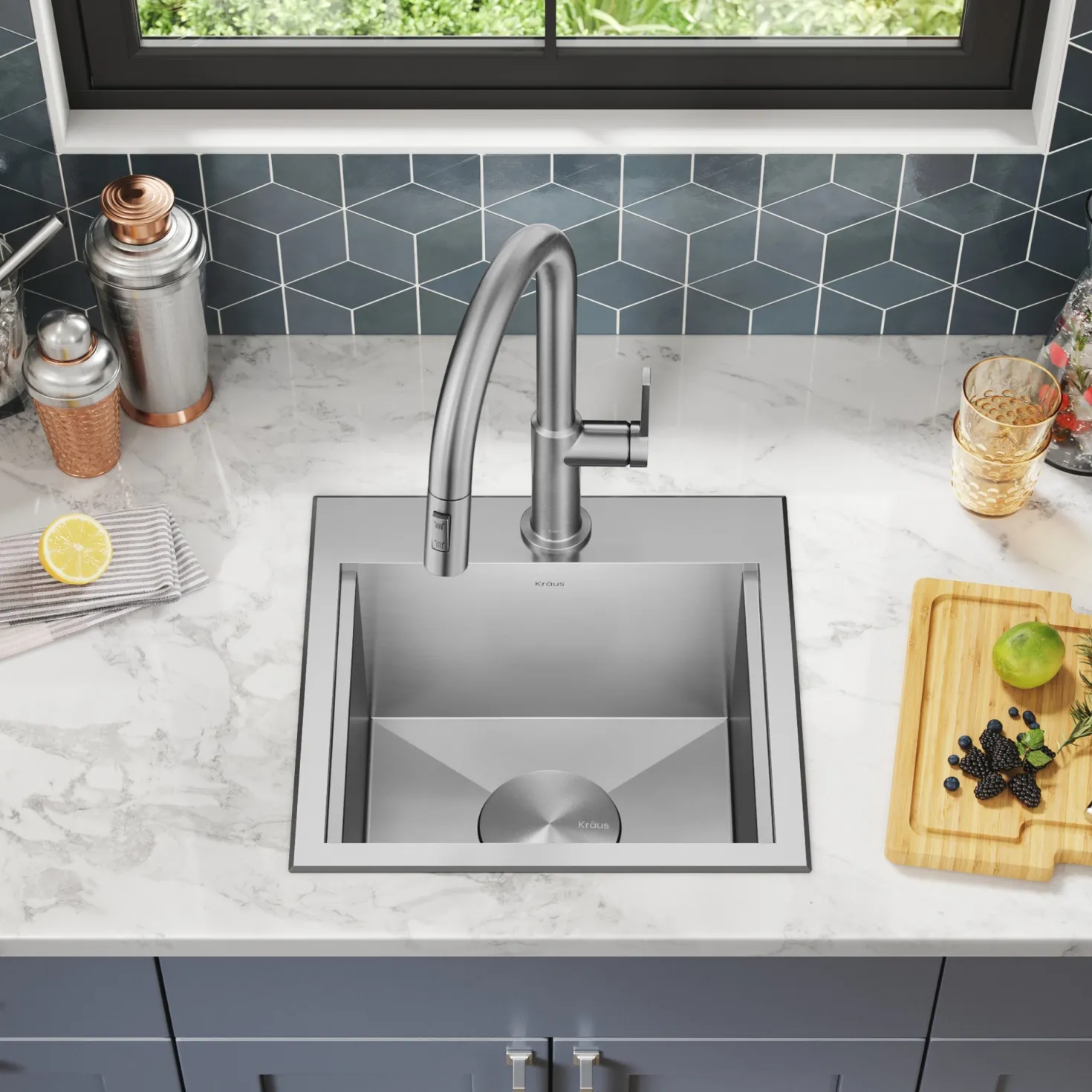 KRAUS Kore 15" Drop-In Workstation 16 Gauge Stainless Steel Square Prep Sink with Accessories