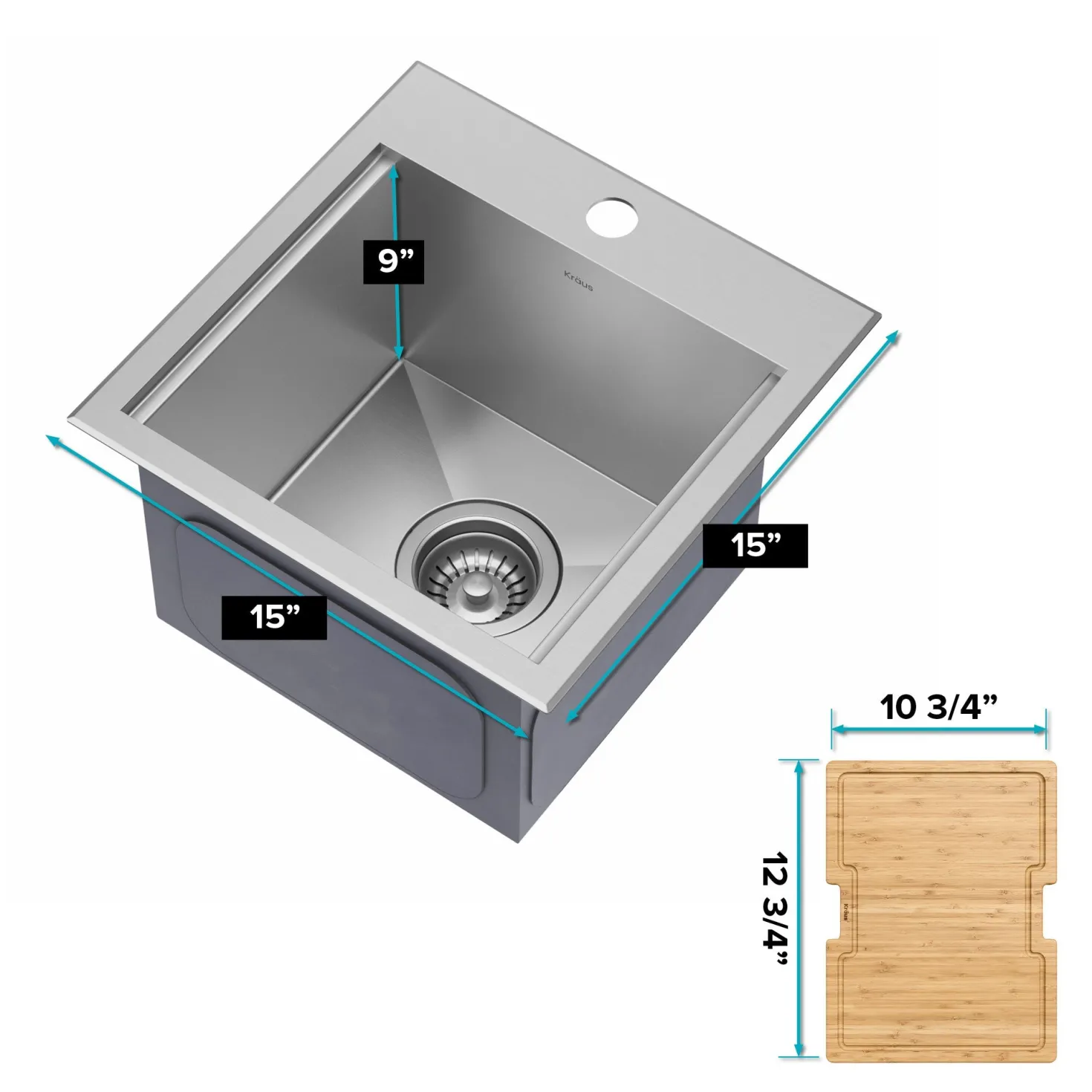 KRAUS Kore 15" Drop-In Workstation 16 Gauge Stainless Steel Square Prep Sink with Accessories