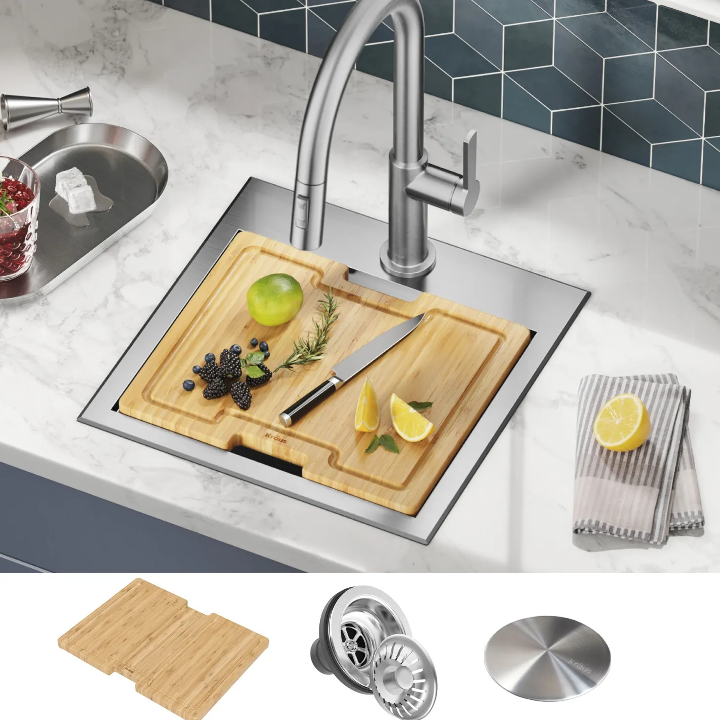 KRAUS Kore 15" Drop-In Workstation 16 Gauge Stainless Steel Square Prep Sink with Accessories