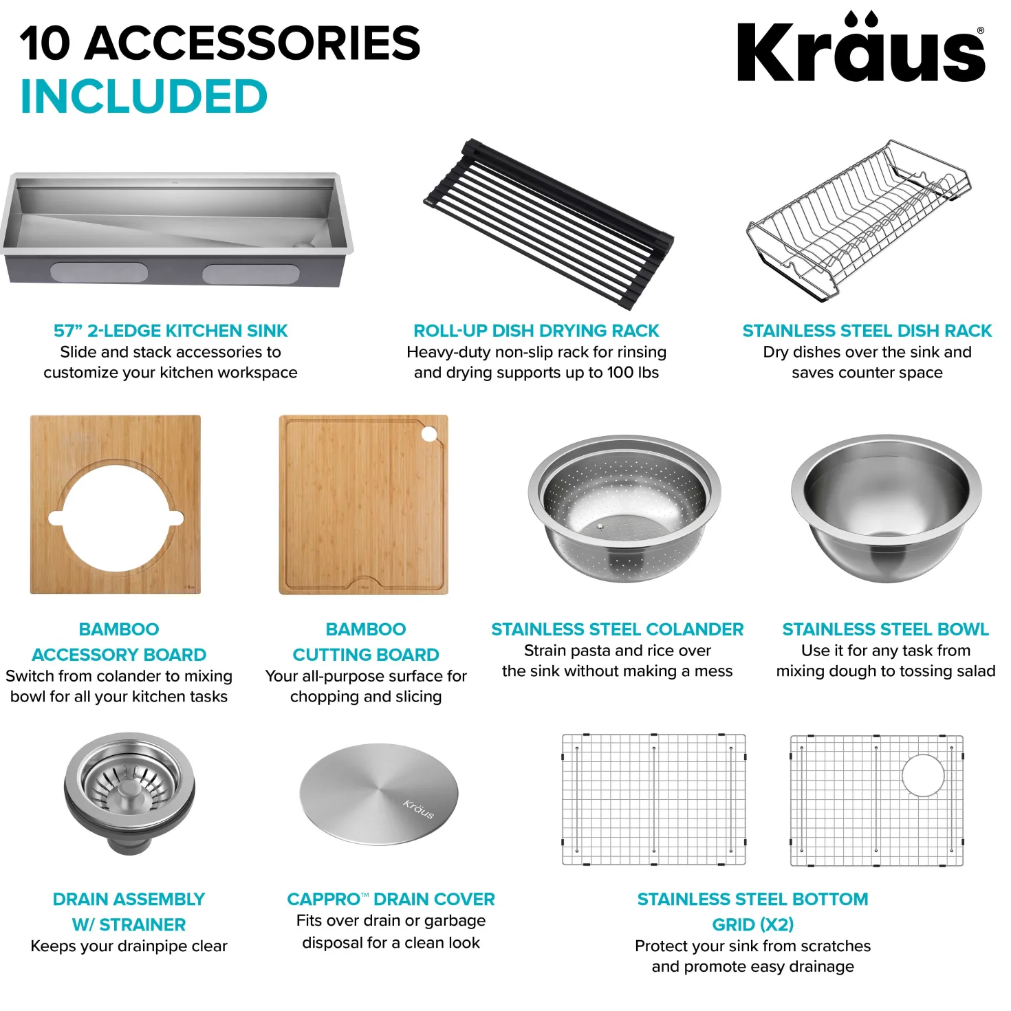 KRAUS Kore Dual Tier 57" Undermount Workstation 16 Gauge Single Bowl Kitchen Sink