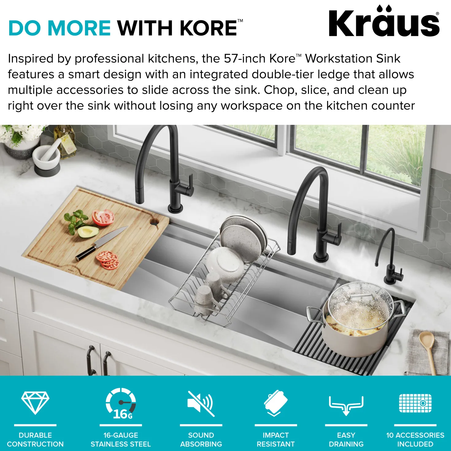 KRAUS Kore Dual Tier 57" Undermount Workstation 16 Gauge Single Bowl Kitchen Sink