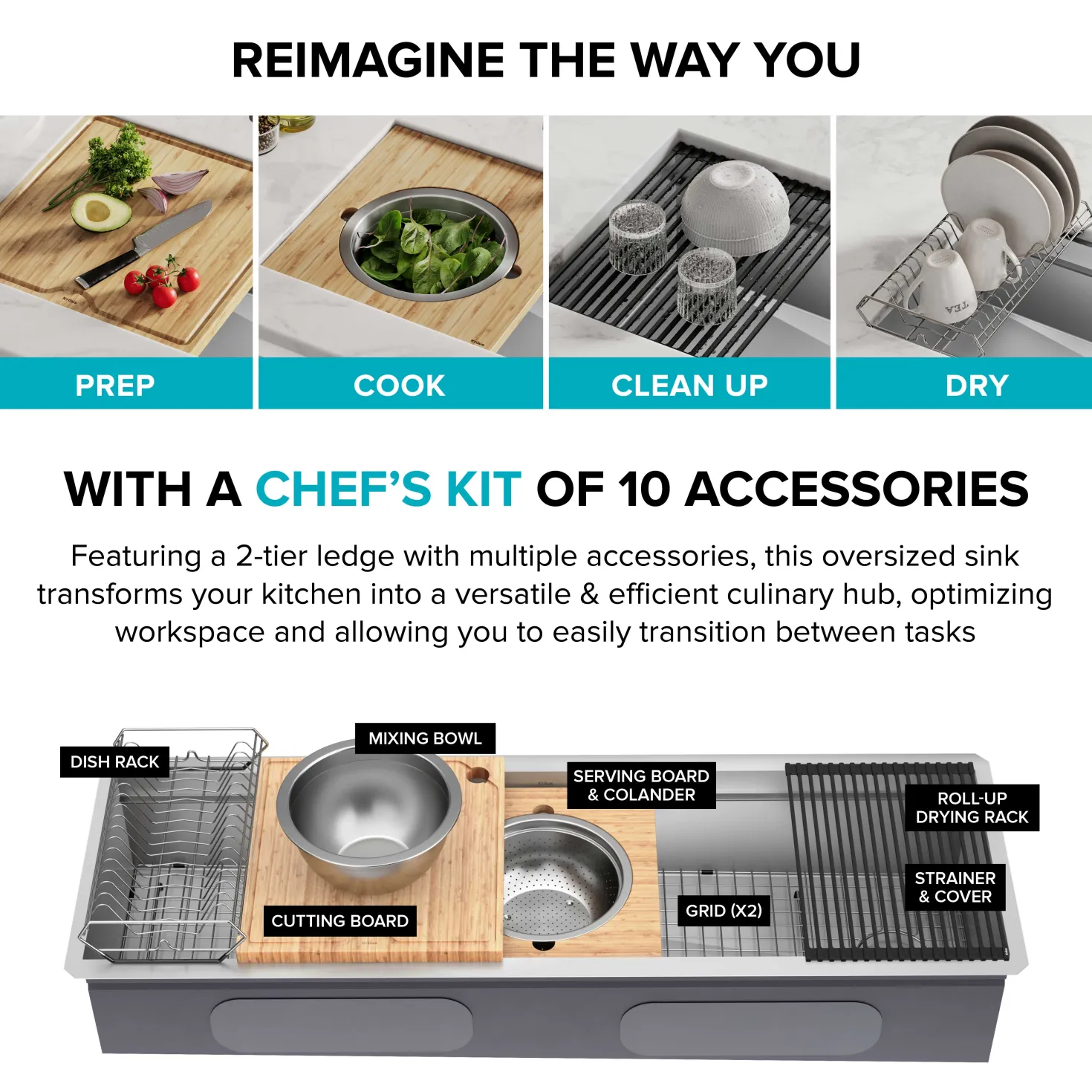 KRAUS Kore Dual Tier 57" Undermount Workstation 16 Gauge Single Bowl Kitchen Sink