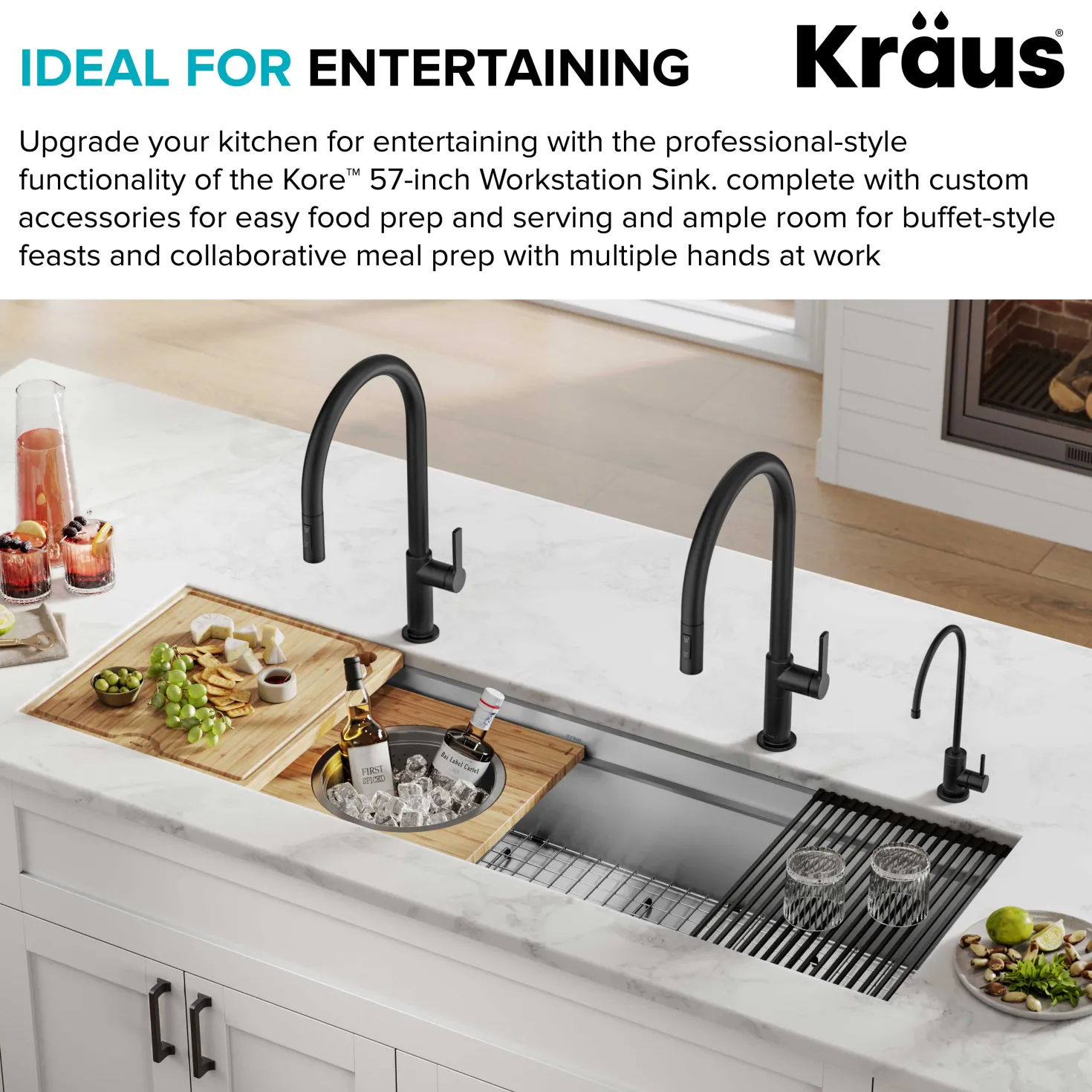 KRAUS Kore Dual Tier 57" Undermount Workstation 16 Gauge Single Bowl Kitchen Sink