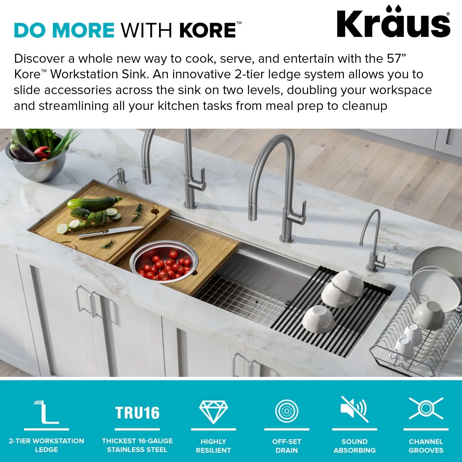 KRAUS Kore Dual Tier 57" Undermount Workstation 16 Gauge Single Bowl Kitchen Sink