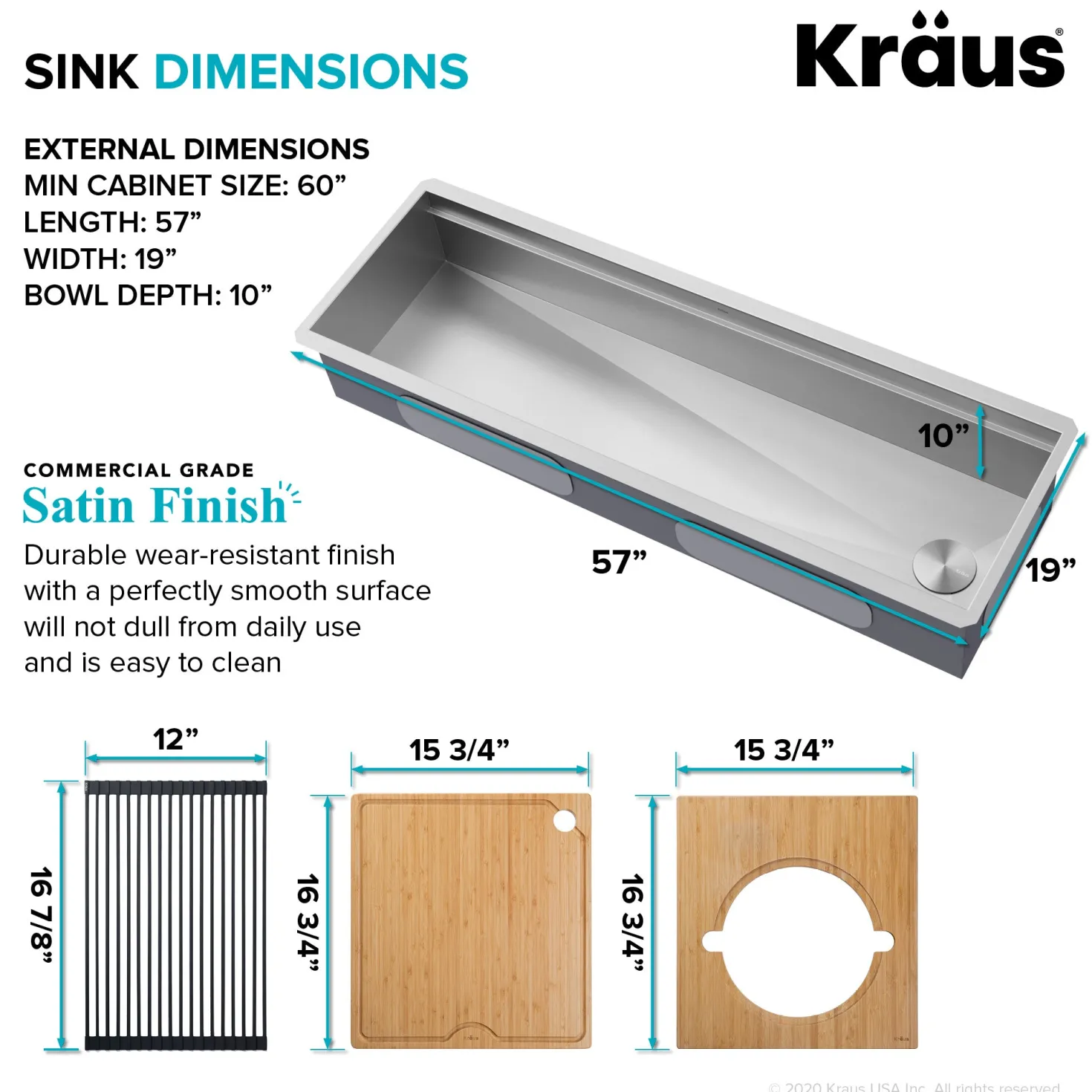 KRAUS Kore Dual Tier 57" Undermount Workstation 16 Gauge Single Bowl Kitchen Sink