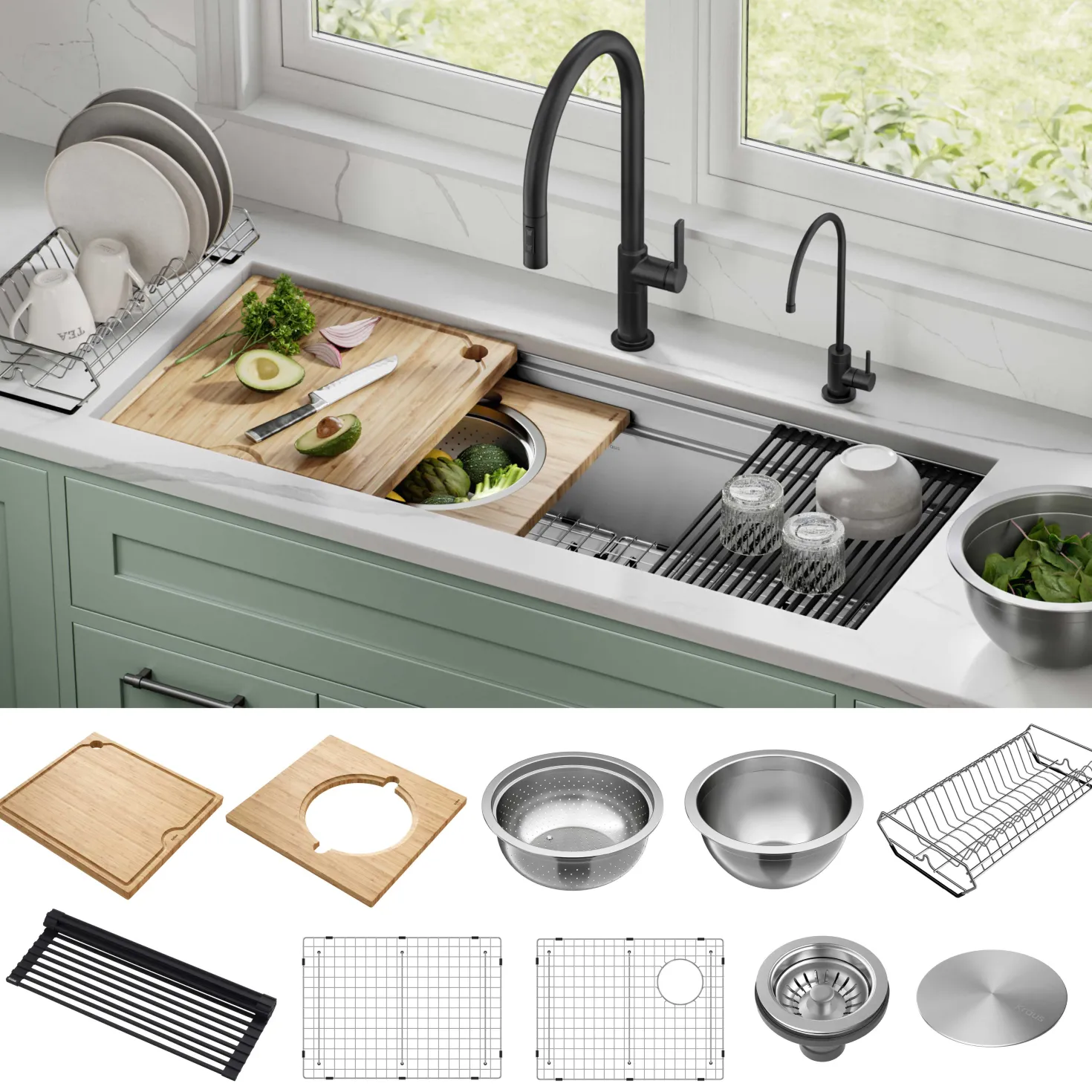 KRAUS Kore 2-Tier Workstation 45" Undermount 16 Gauge Single Bowl Stainless Steel Kitchen Sink with Accessories