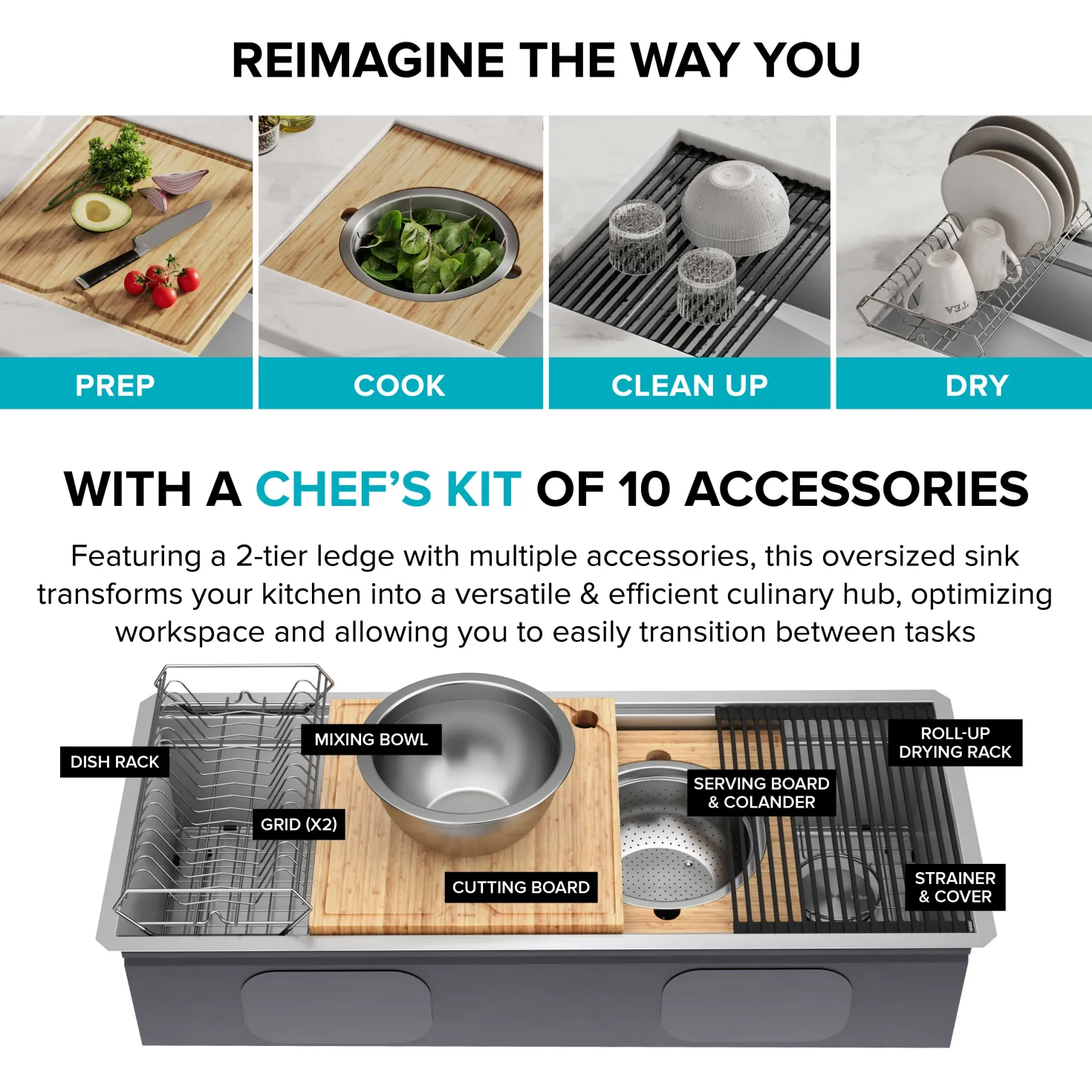 KRAUS Kore 2-Tier Workstation 45" Undermount 16 Gauge Single Bowl Stainless Steel Kitchen Sink with Accessories