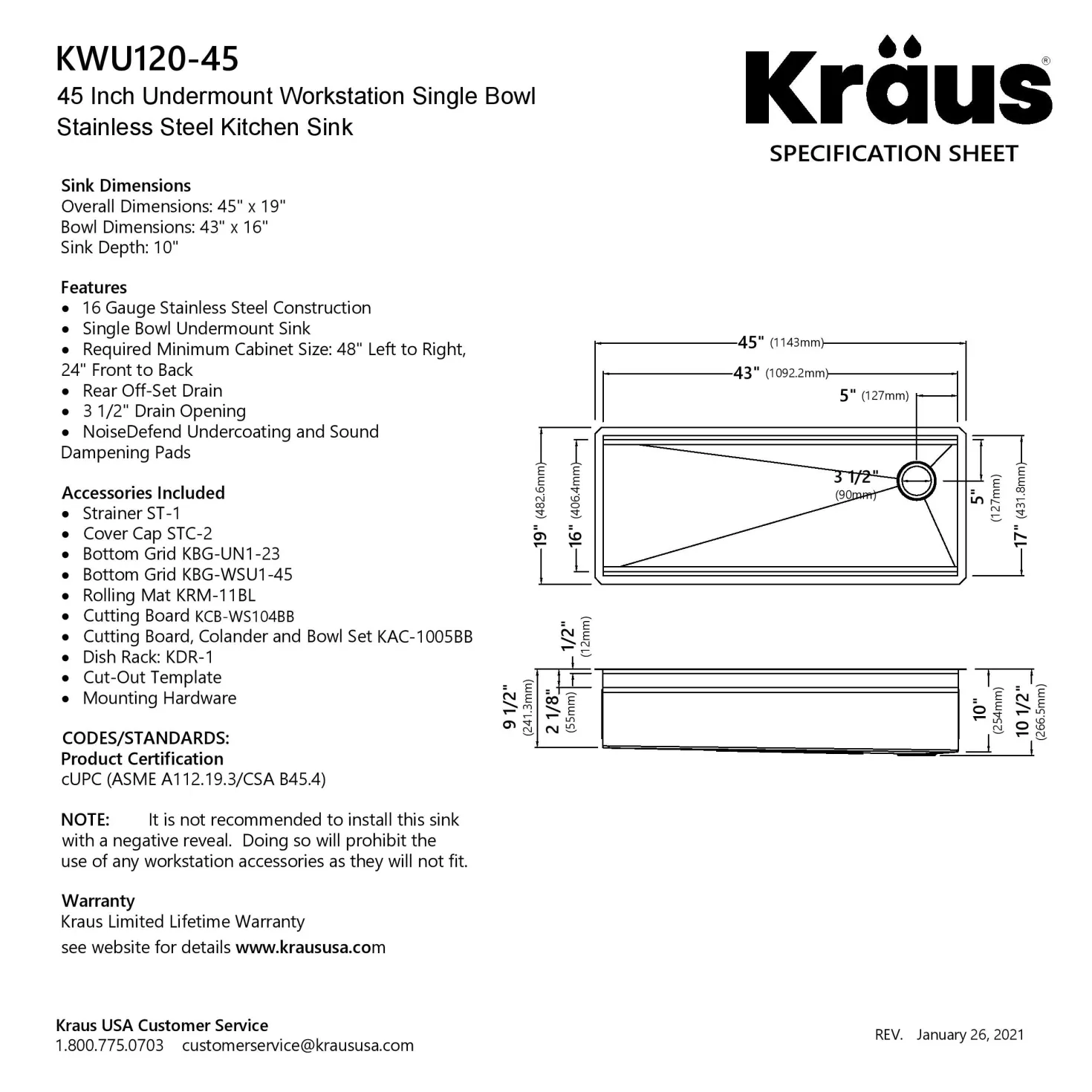 KRAUS Kore 2-Tier Workstation 45" Undermount 16 Gauge Single Bowl Stainless Steel Kitchen Sink with Accessories