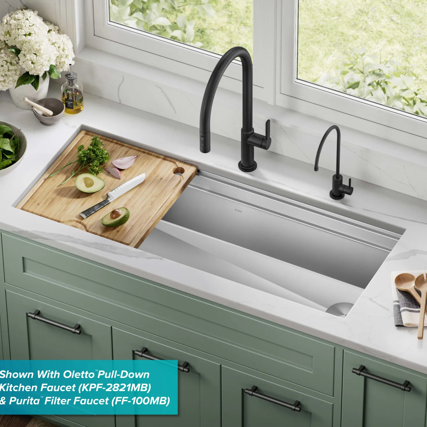 KRAUS Kore 2-Tier Workstation 45" Undermount 16 Gauge Single Bowl Stainless Steel Kitchen Sink with Accessories