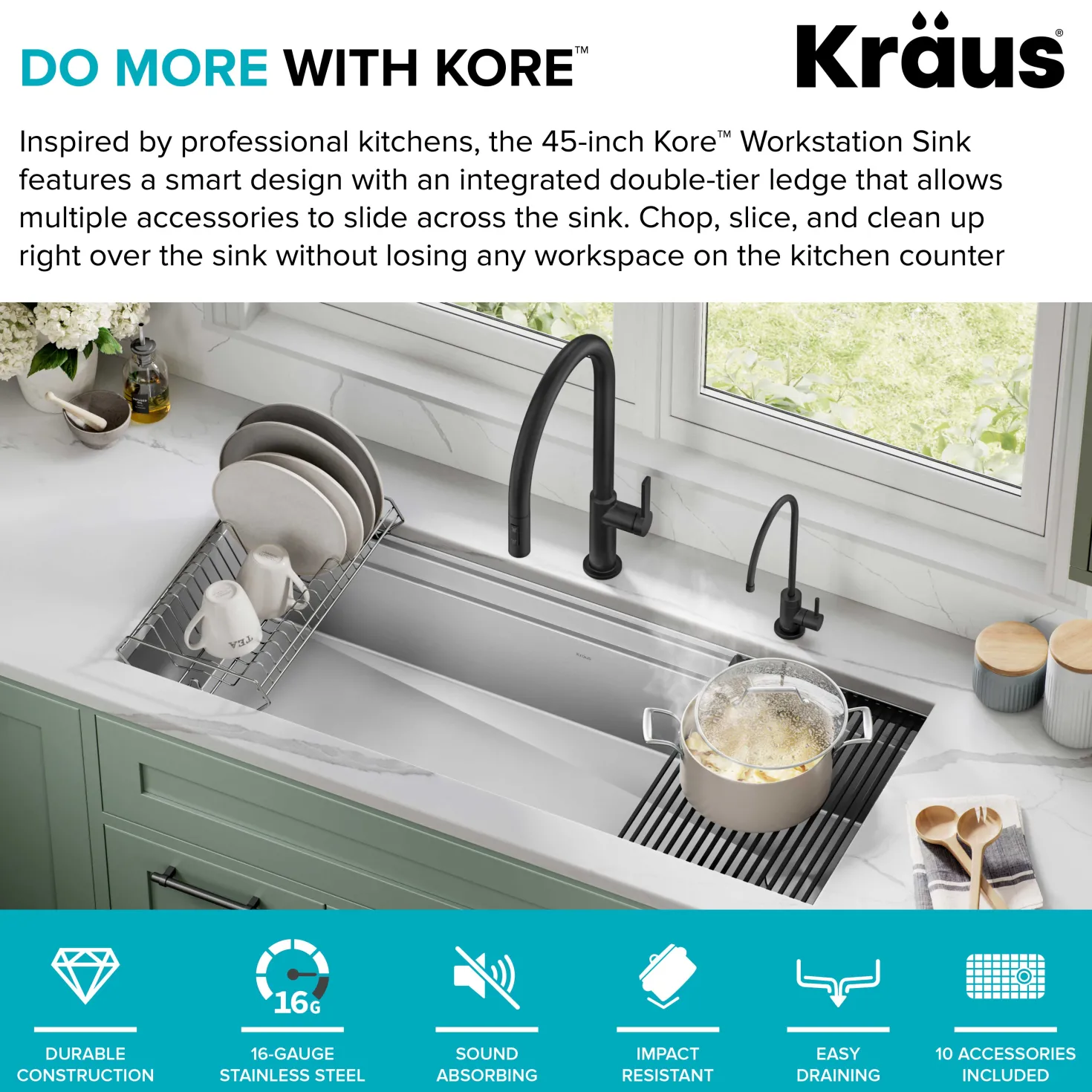 KRAUS Kore 2-Tier Workstation 45" Undermount 16 Gauge Single Bowl Stainless Steel Kitchen Sink with Accessories