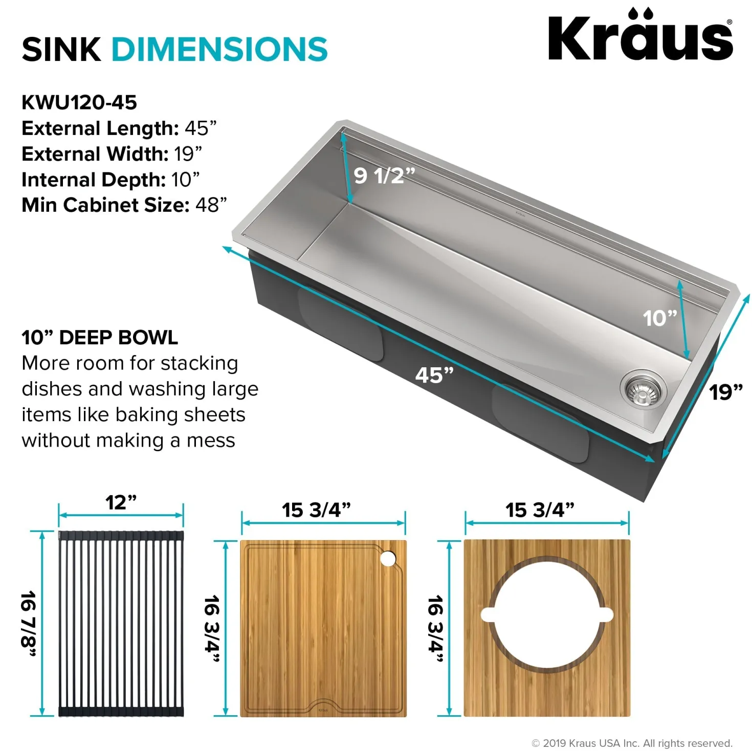 KRAUS Kore 2-Tier Workstation 45" Undermount 16 Gauge Single Bowl Stainless Steel Kitchen Sink with Accessories
