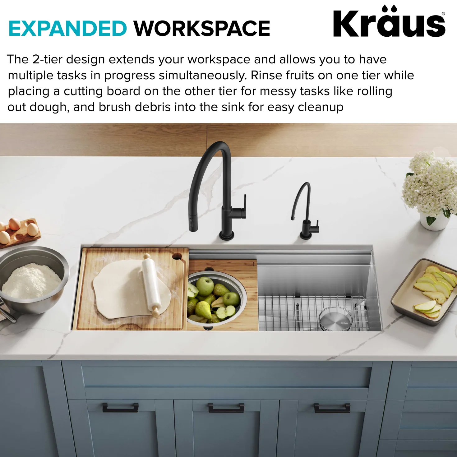 KRAUS Kore 2-Tier Workstation 45" Undermount 16 Gauge Single Bowl Stainless Steel Kitchen Sink with Accessories
