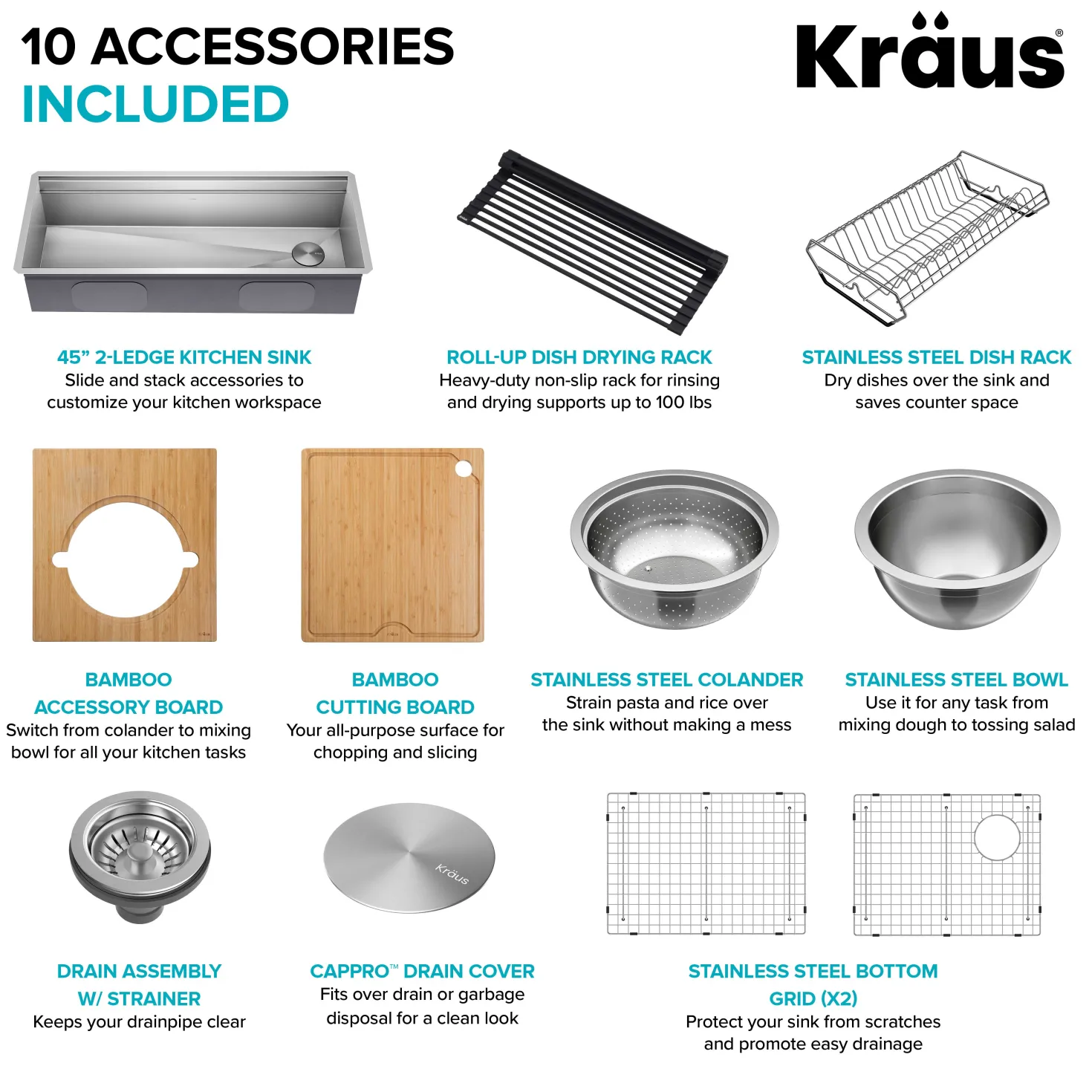 KRAUS Kore 2-Tier Workstation 45" Undermount 16 Gauge Single Bowl Stainless Steel Kitchen Sink with Accessories