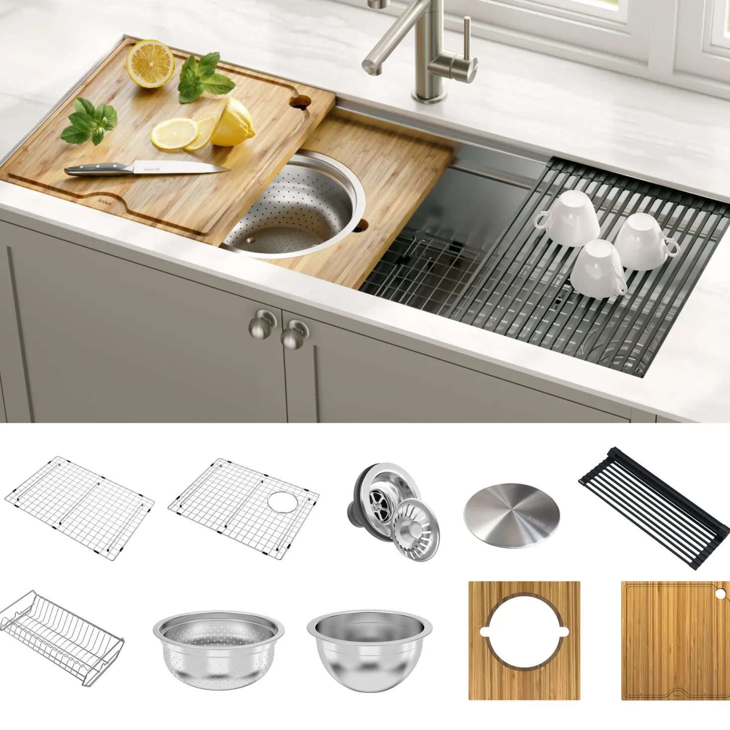 KRAUS Kore 2-Tier Workstation 45" Undermount 16 Gauge Single Bowl Stainless Steel Kitchen Sink with Accessories