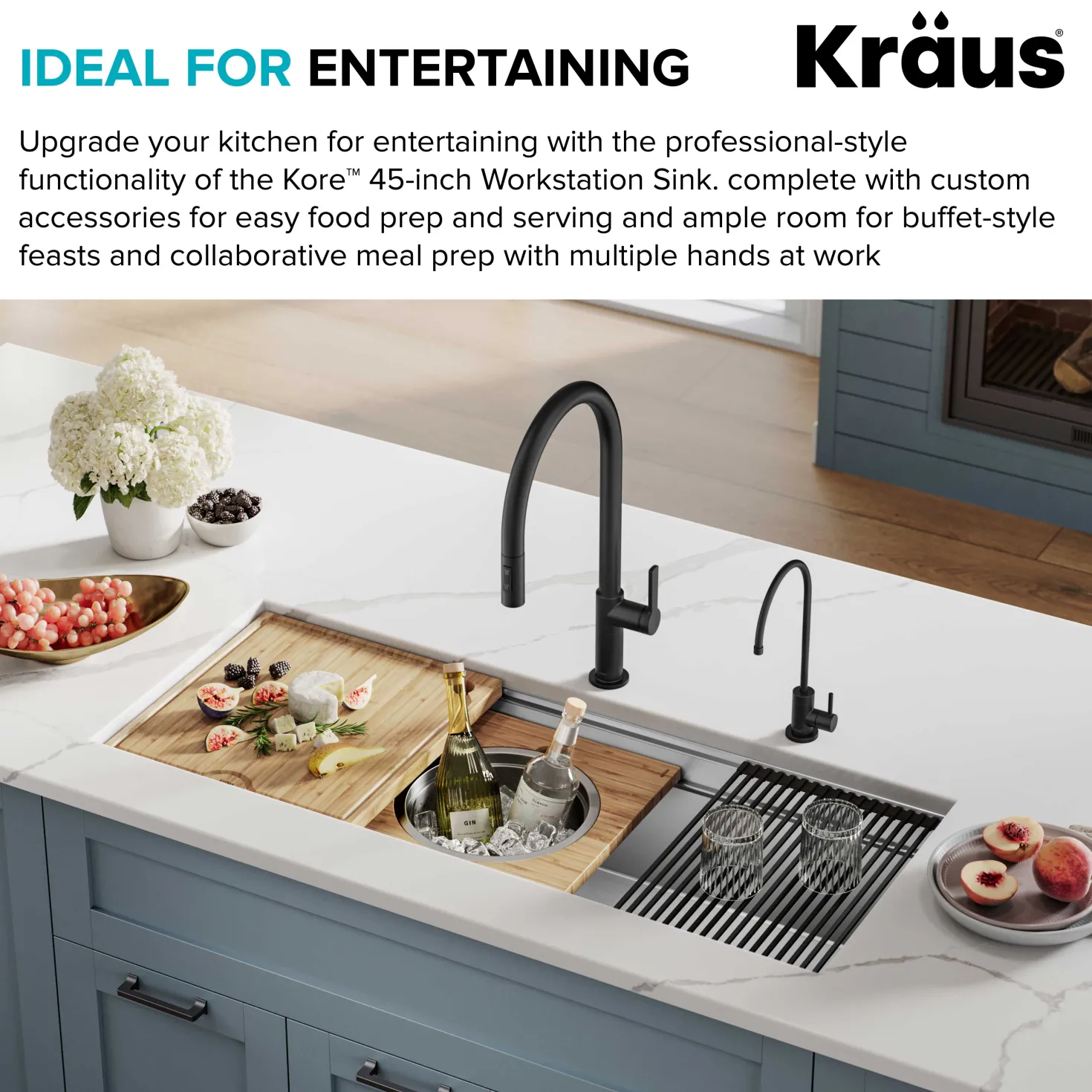 KRAUS Kore 2-Tier Workstation 45" Undermount 16 Gauge Single Bowl Stainless Steel Kitchen Sink with Accessories