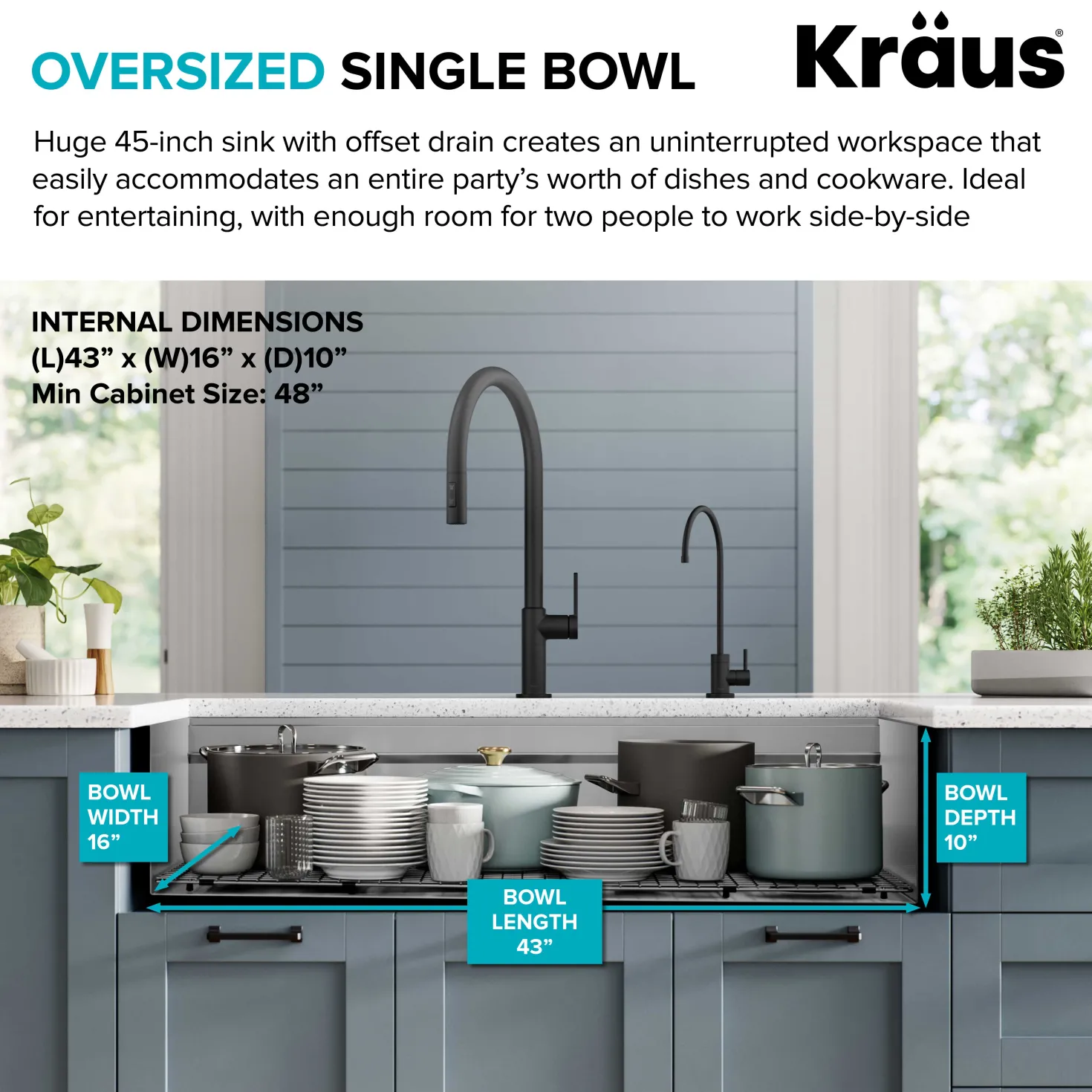 KRAUS Kore 2-Tier Workstation 45" Undermount 16 Gauge Single Bowl Stainless Steel Kitchen Sink with Accessories