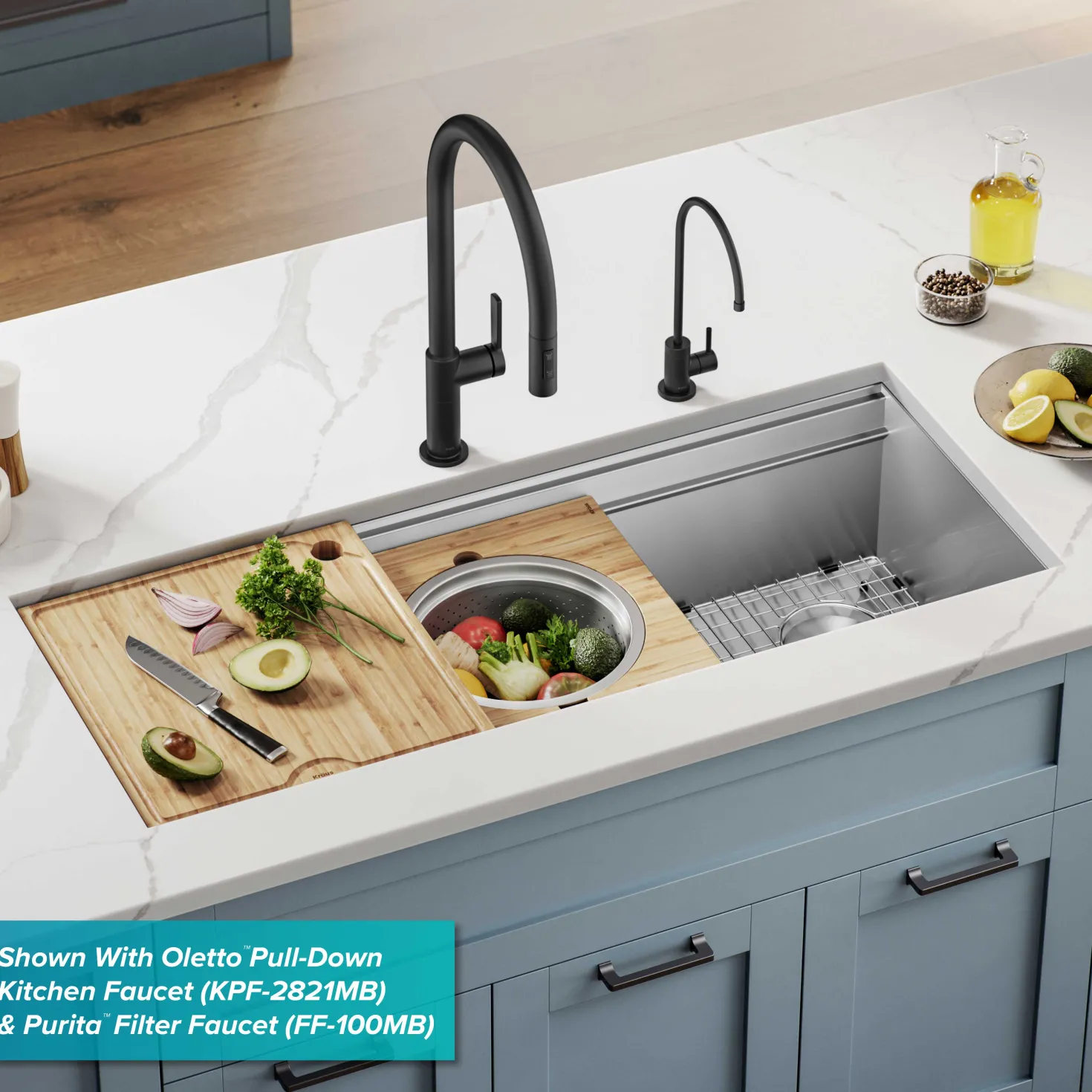 KRAUS Kore 2-Tier Workstation 45" Undermount 16 Gauge Single Bowl Stainless Steel Kitchen Sink with Accessories