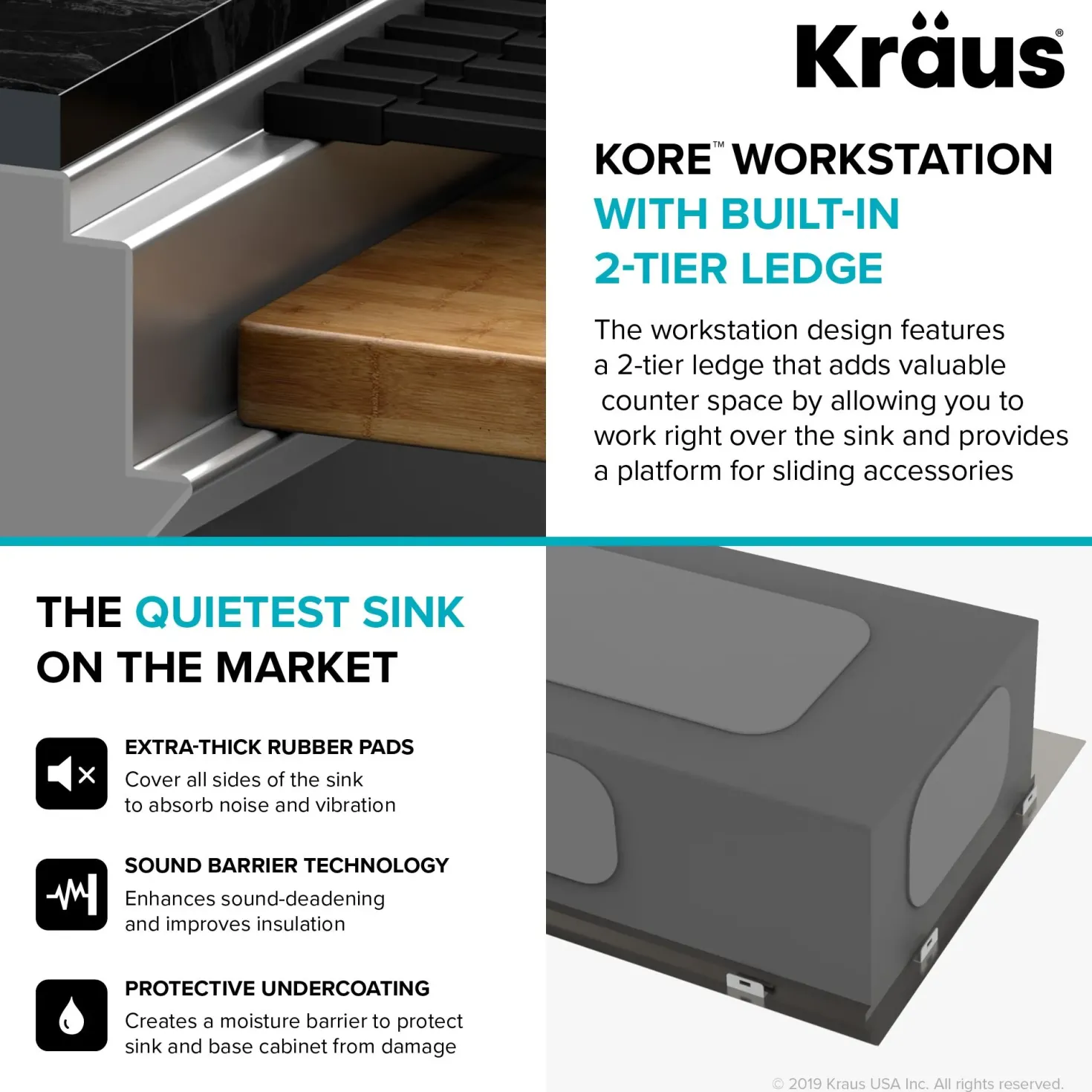 KRAUS Kore 2-Tier Workstation 45" Undermount 16 Gauge Single Bowl Stainless Steel Kitchen Sink with Accessories