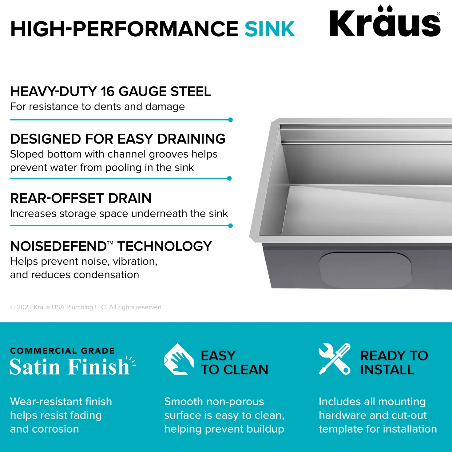 KRAUS Kore 2-Tier Workstation 45" Undermount 16 Gauge Single Bowl Stainless Steel Kitchen Sink with Accessories