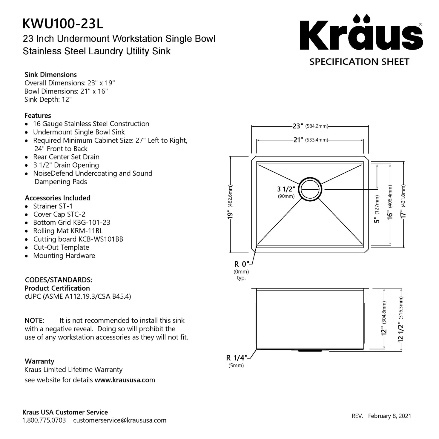 KRAUS Kore 23" Undermount Workstation 16 Gauge Laundry Utility Sink with Accessories