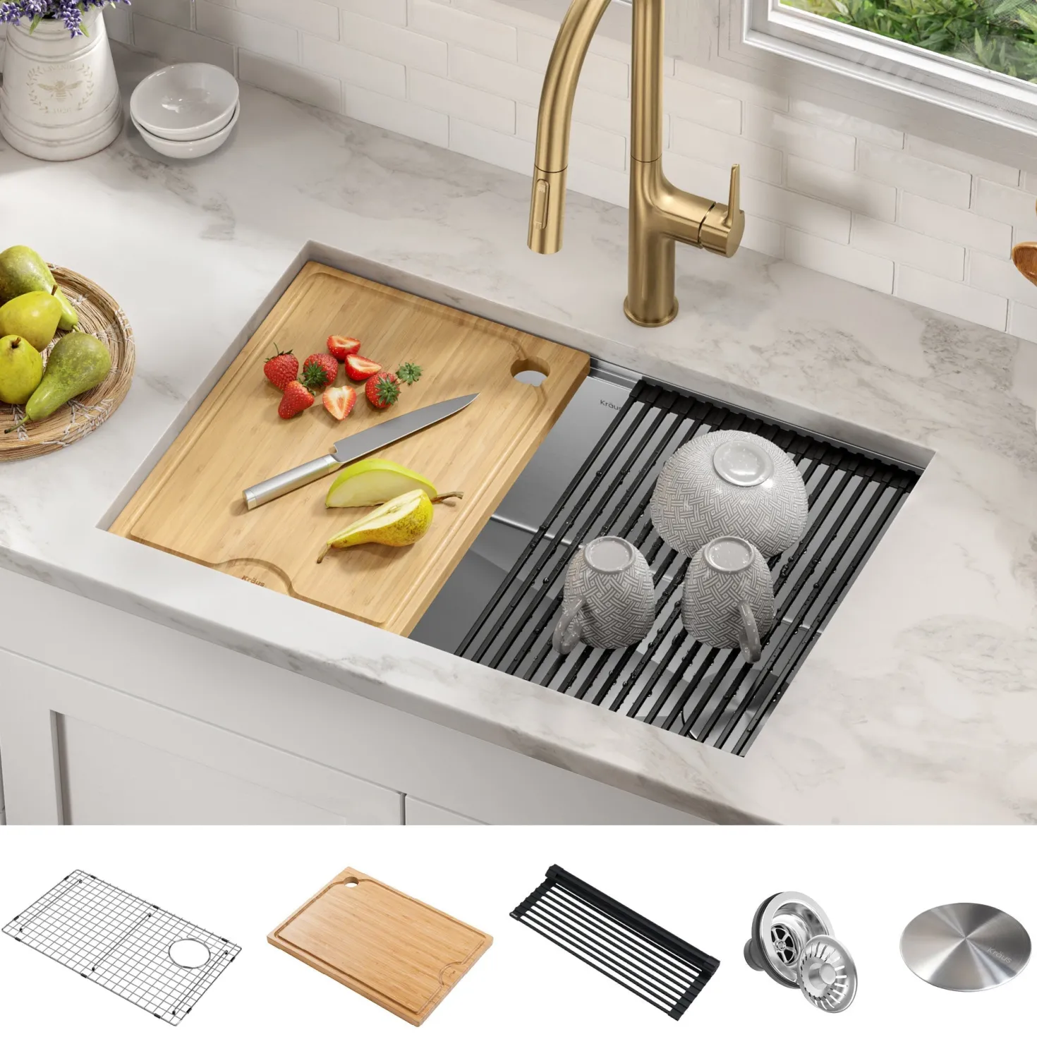 KRAUS Kore 28" Undermount Workstation 16 Gauge Stainless Steel Single Bowl Kitchen Sink with Accessories