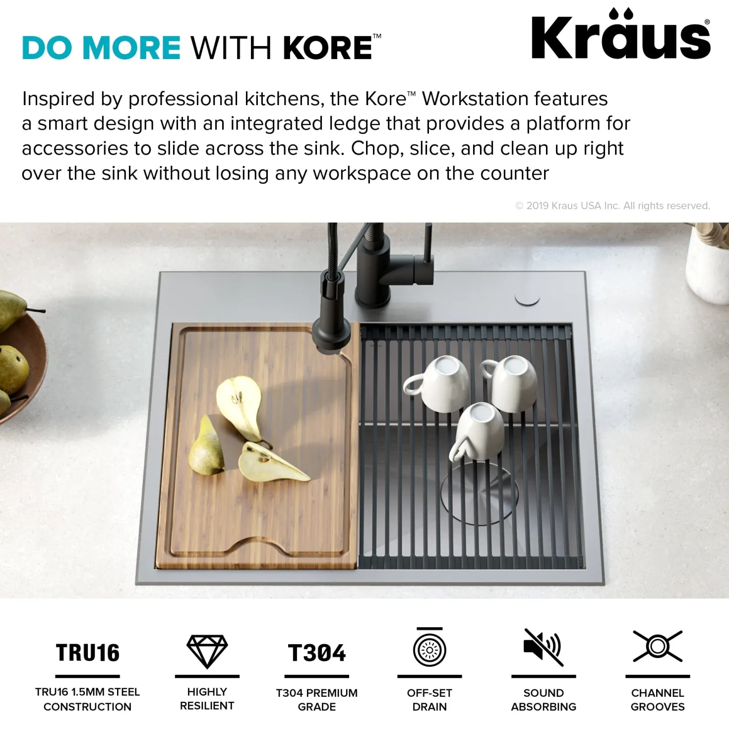 KRAUS Kore Workstation 25" Drop-In or Undermount 16 Gauge Kitchen Sink with Accessories