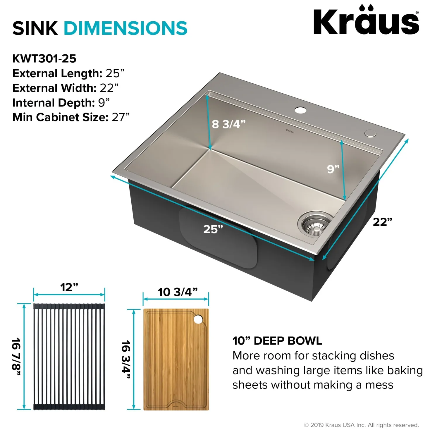 KRAUS Kore Workstation 25" Drop-In or Undermount 16 Gauge Kitchen Sink with Accessories