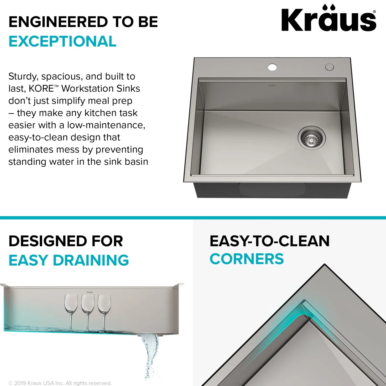 KRAUS Kore Workstation 25" Drop-In or Undermount 16 Gauge Kitchen Sink with Accessories