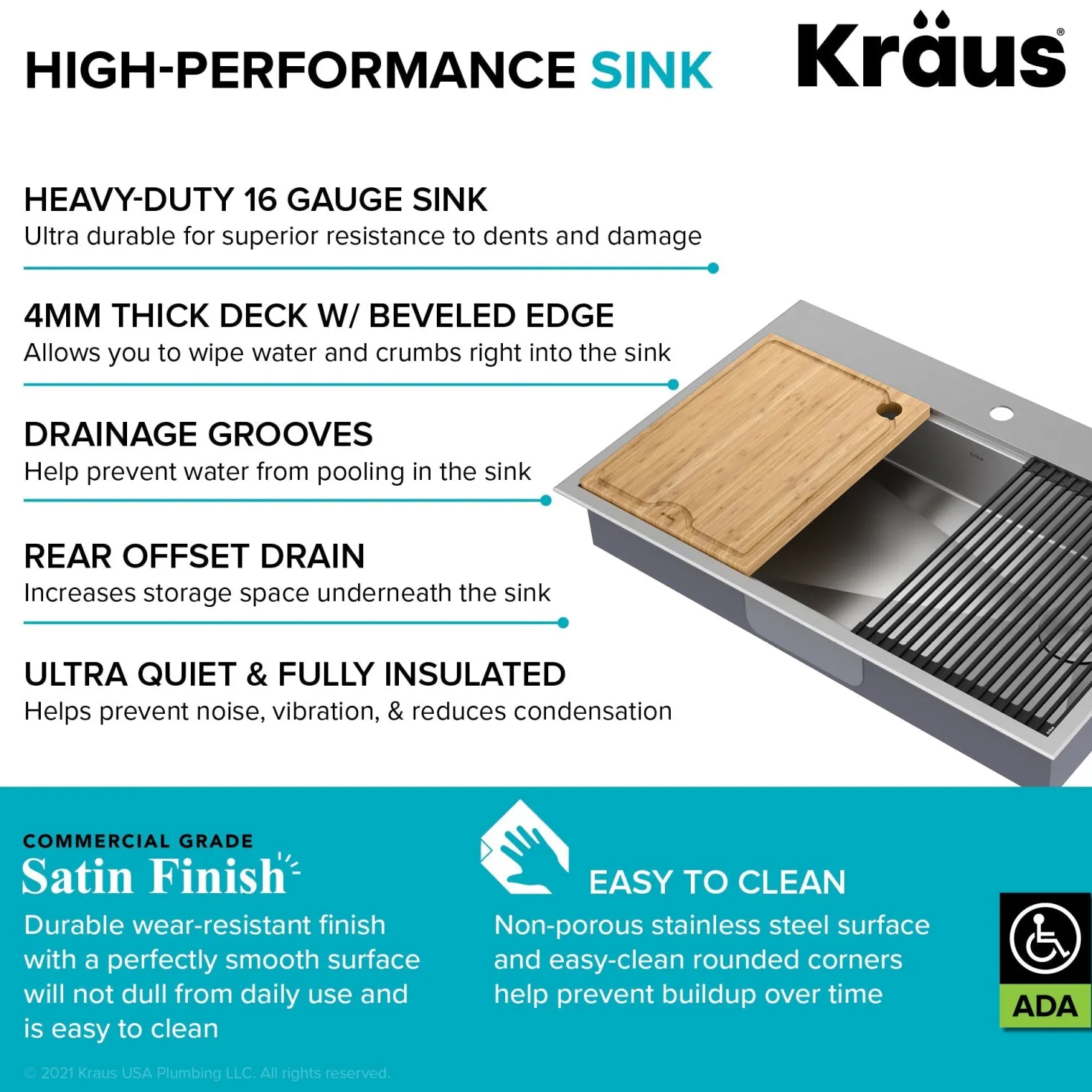 KRAUS Kore Workstation 33" Drop-In 16 Gauge 5.5" Deep Single Bowl ADA Kitchen Sink