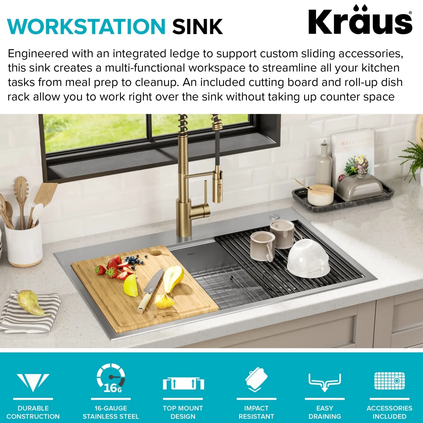 KRAUS Kore Workstation 33" Drop-In 16 Gauge 5.5" Deep Single Bowl ADA Kitchen Sink