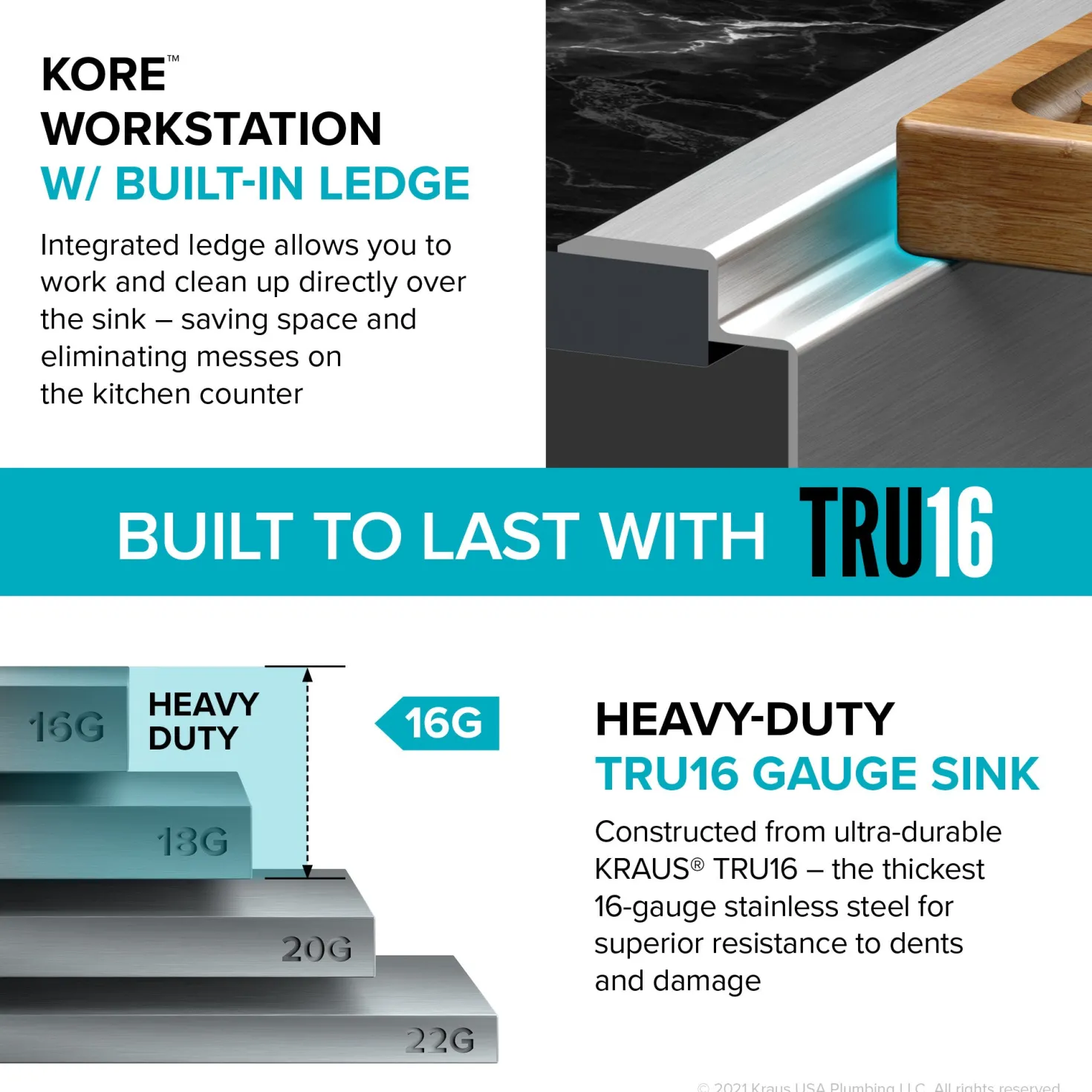KRAUS Kore Workstation 33" Drop-In 16 Gauge 5.5" Deep Single Bowl ADA Kitchen Sink